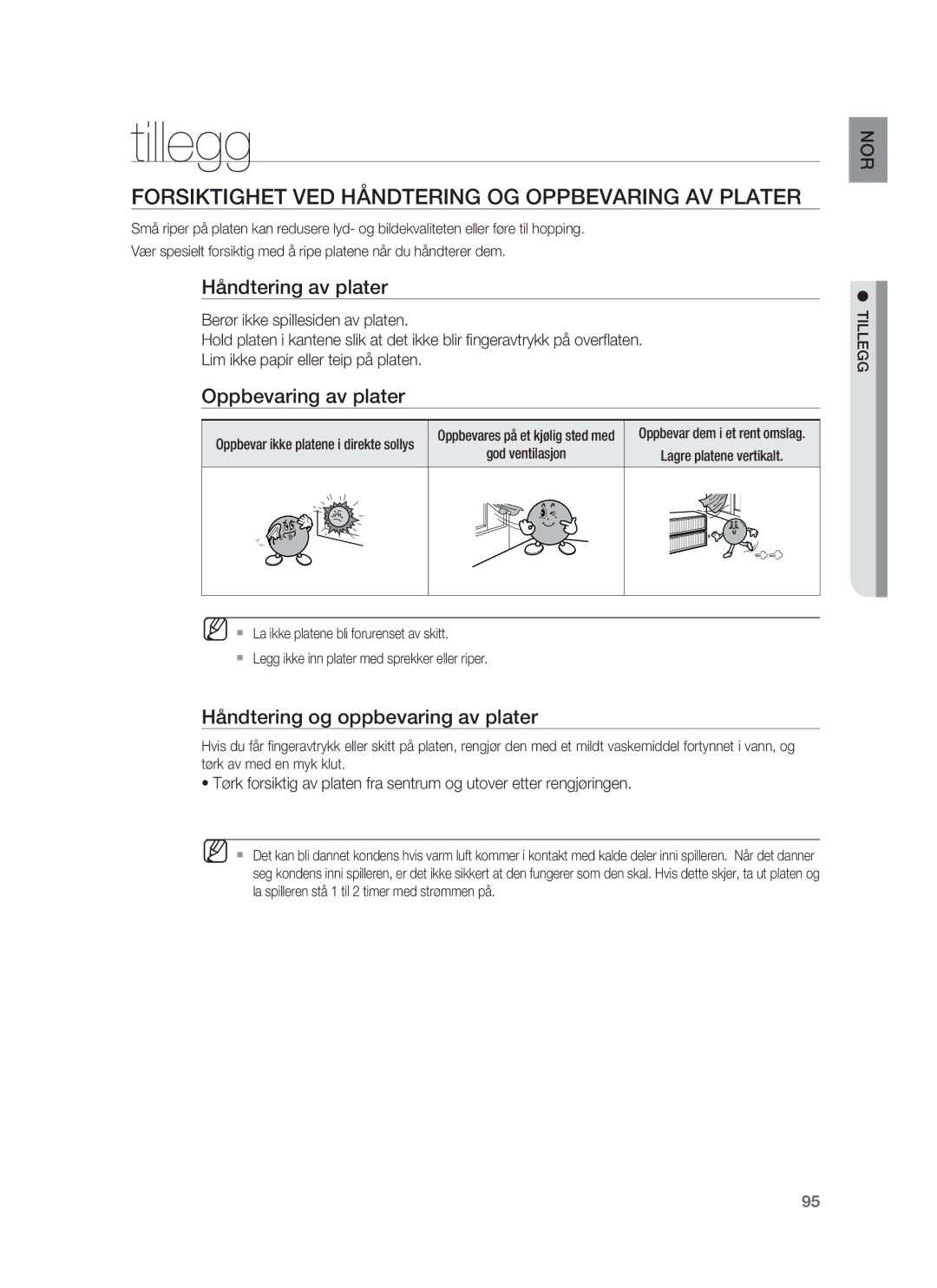 Samsung HT-BD7255R/XEE manual Tillegg, Forsiktighet VED Håndtering OG Oppbevaring AV Plater, Håndtering av plater 