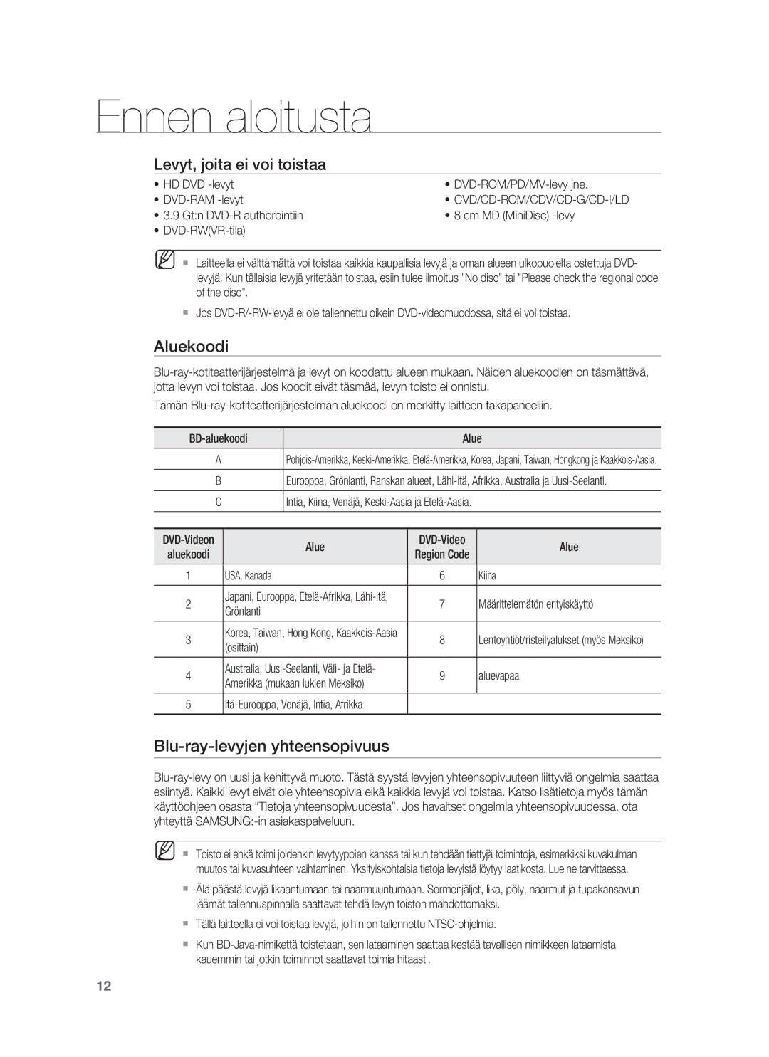 Samsung HT-BD7255R/XEE manual Levyt, joita ei voi toistaa, Aluekoodi, Blu-ray-levyjen yhteensopivuus 