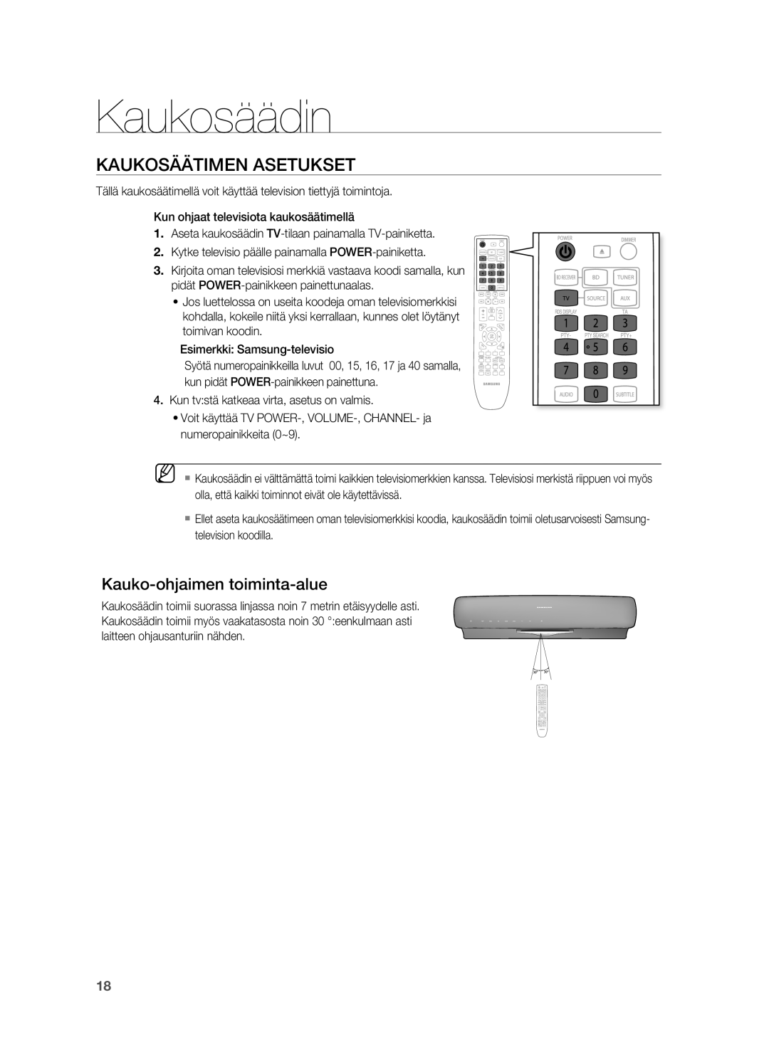 Samsung HT-BD7255R/XEE manual Kaukosäätimen Asetukset, Kauko-ohjaimen toiminta-alue 