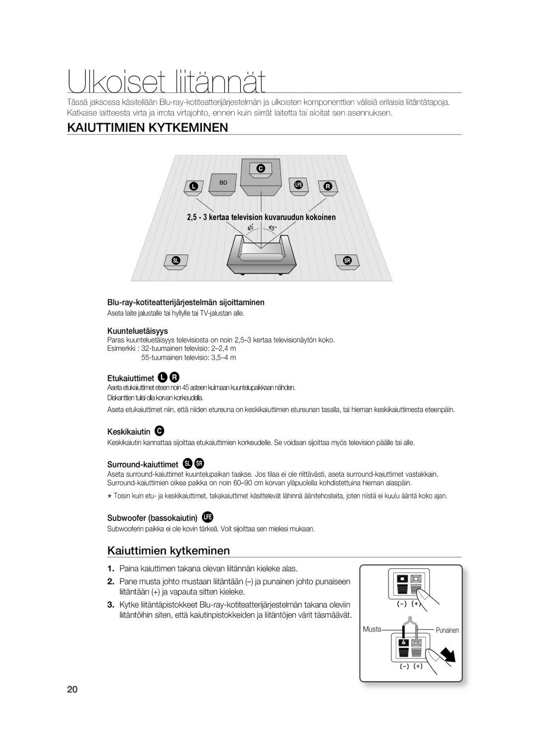 Samsung HT-BD7255R/XEE manual Ulkoiset liitännät, Kaiuttimien Kytkeminen, Kaiuttimien kytkeminen 