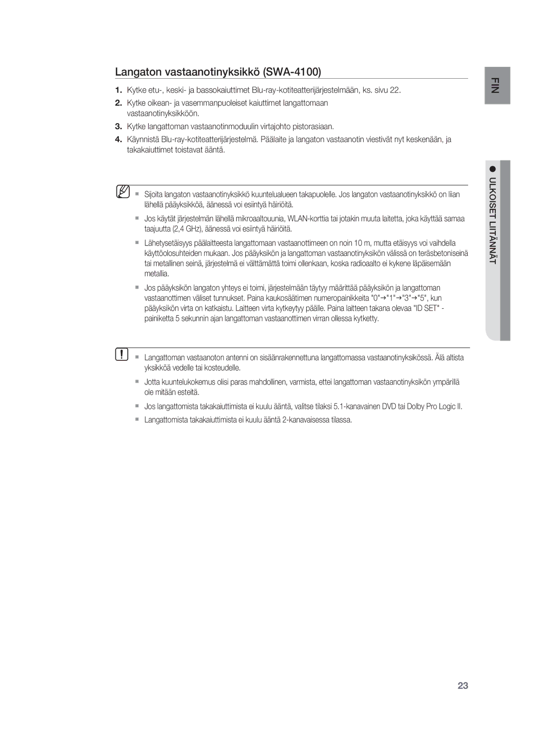 Samsung HT-BD7255R/XEE manual Langaton vastaanotinyksikkö SWA-4100 