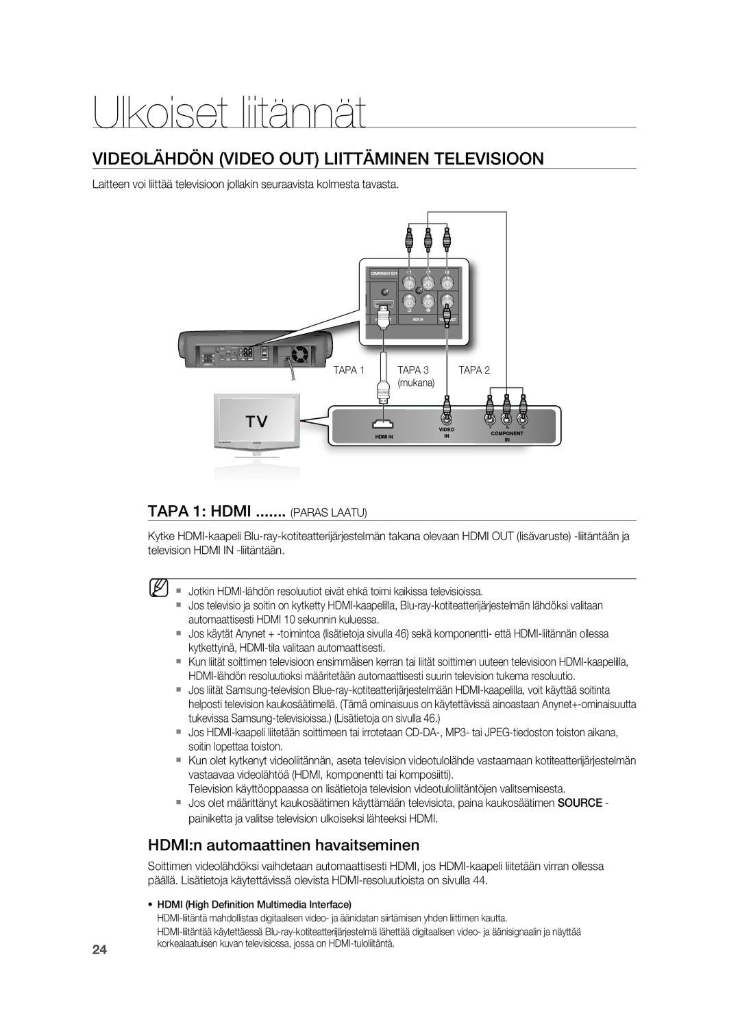 Samsung HT-BD7255R/XEE manual Videolähdön Video OUT Liittäminen Televisioon, HDMIn automaattinen havaitseminen, Paras Laatu 