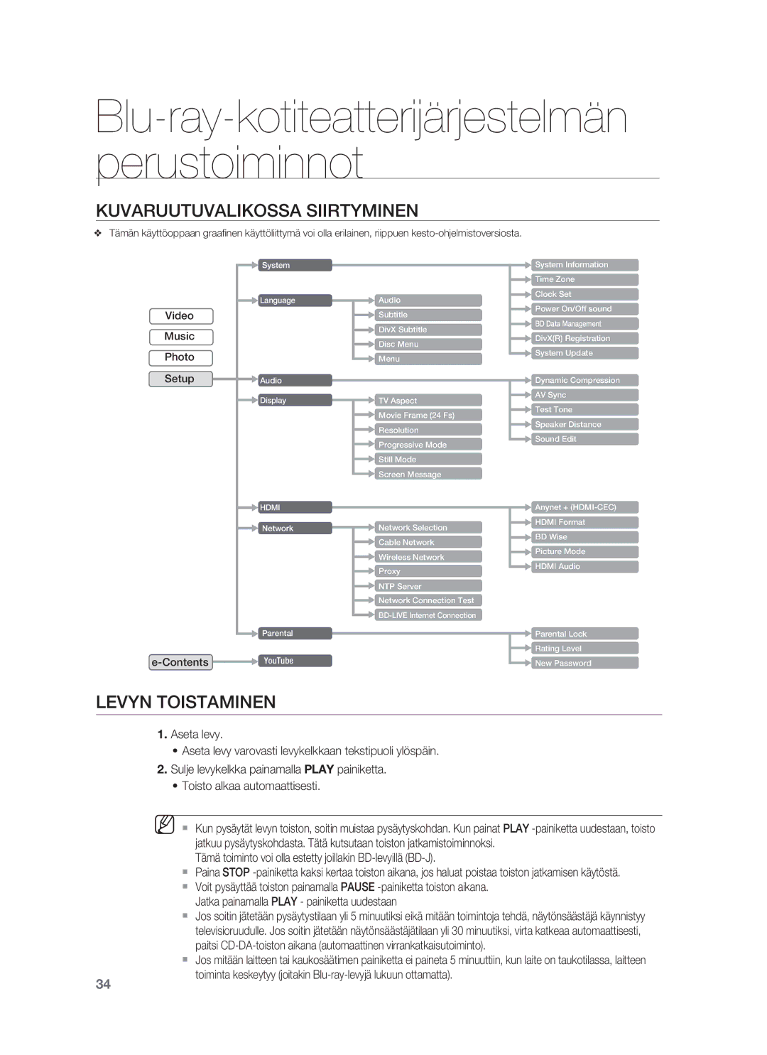 Samsung HT-BD7255R/XEE manual Kuvaruutuvalikossa Siirtyminen, Levyn Toistaminen 