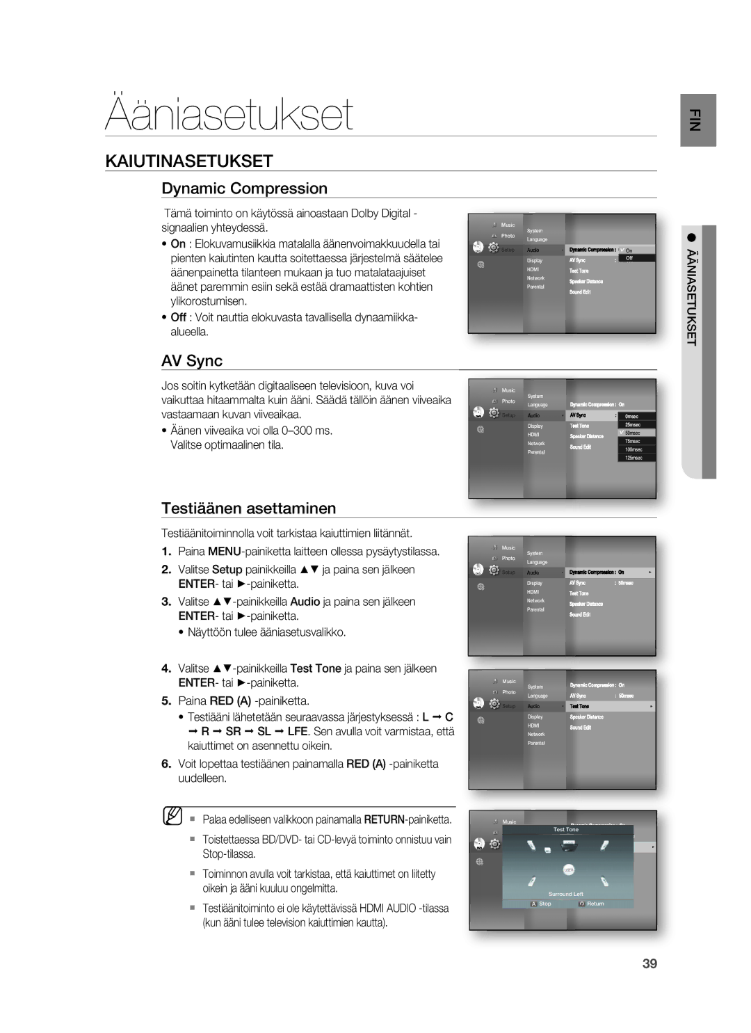 Samsung HT-BD7255R/XEE manual Ääniasetukset, Kaiutinasetukset, Dynamic Compression, Testiäänen asettaminen 