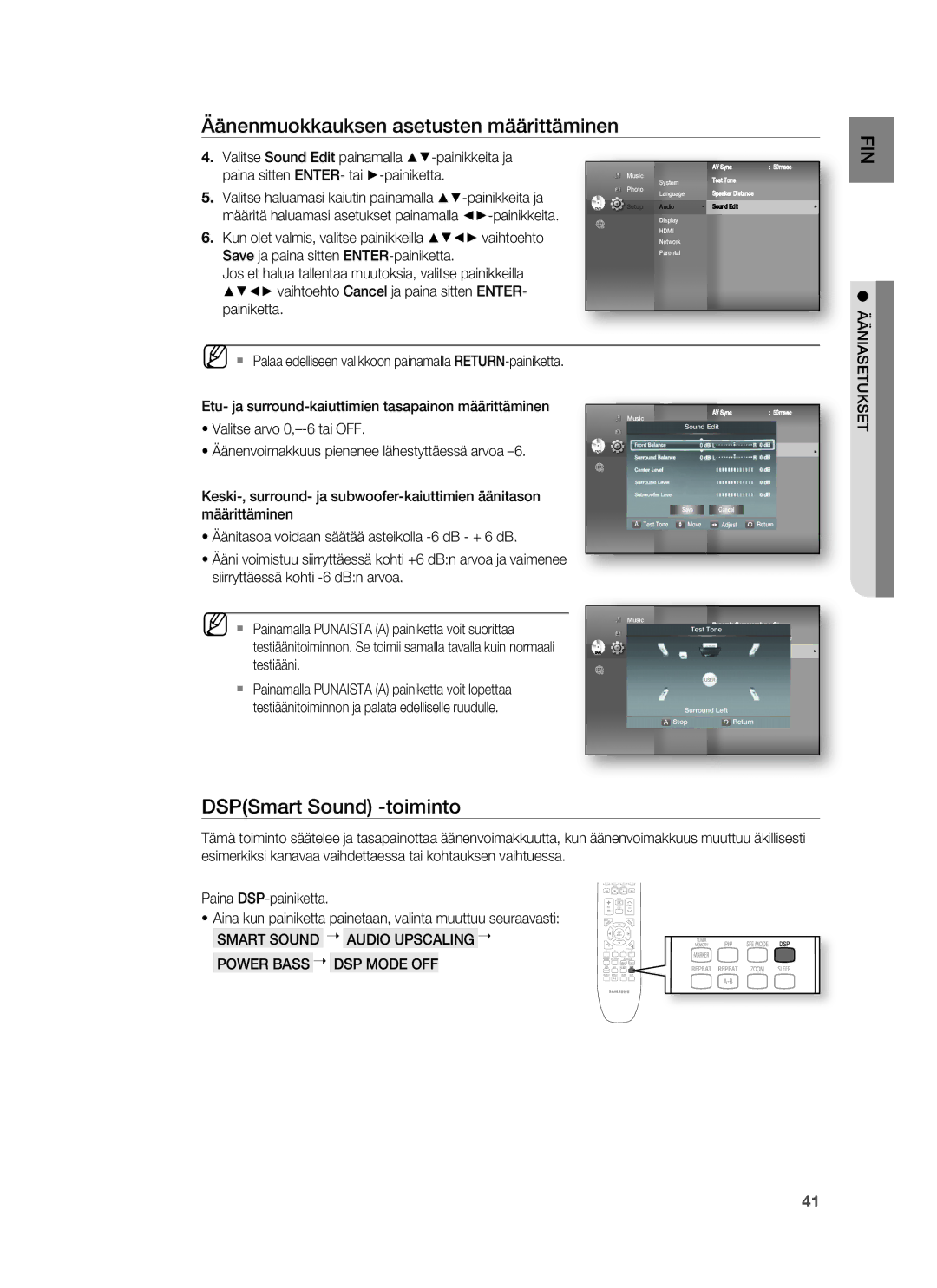 Samsung HT-BD7255R/XEE manual DSPSmart Sound -toiminto, Smart Sound Audio Upscaling Power Bass DSP Mode OFF 