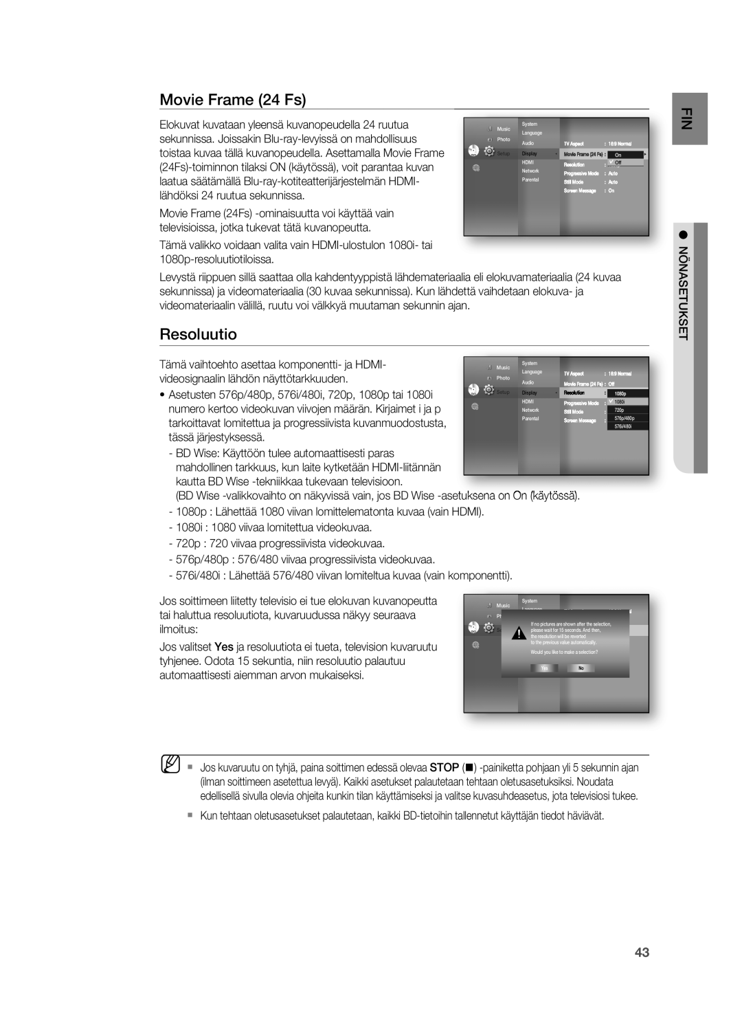 Samsung HT-BD7255R/XEE manual Movie Frame 24 Fs, Resoluutio, Nönasetukset 