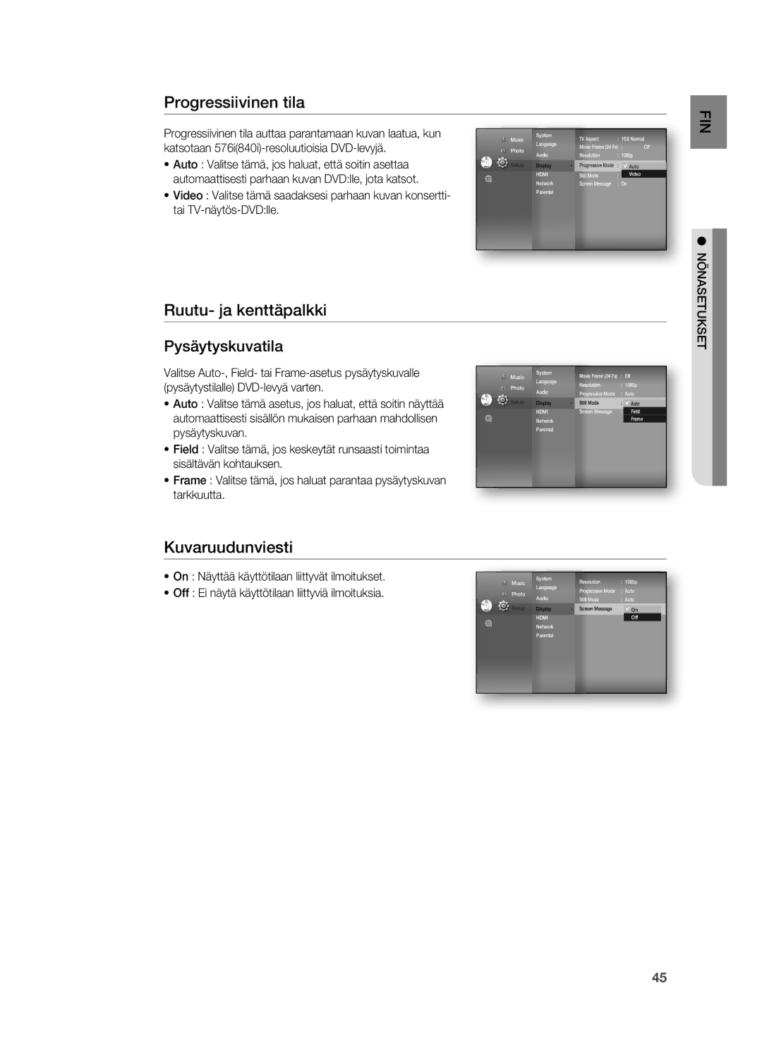 Samsung HT-BD7255R/XEE manual Progressiivinen tila, Ruutu- ja kenttäpalkki, Kuvaruudunviesti 