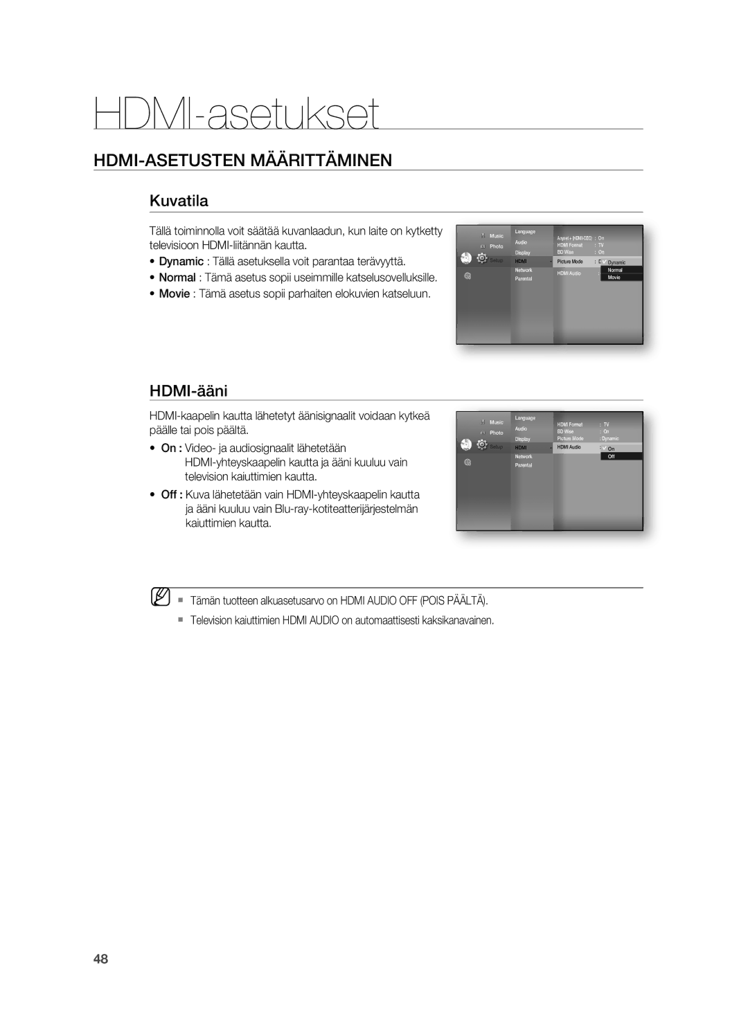 Samsung HT-BD7255R/XEE manual HDMI-asetukset, HDMI-ASETUSTEN Määrittäminen, Kuvatila, HDMI-ääni 