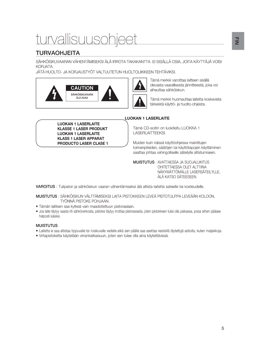 Samsung HT-BD7255R/XEE manual Turvallisuusohjeet, Turvaohjeita, Muistutus 