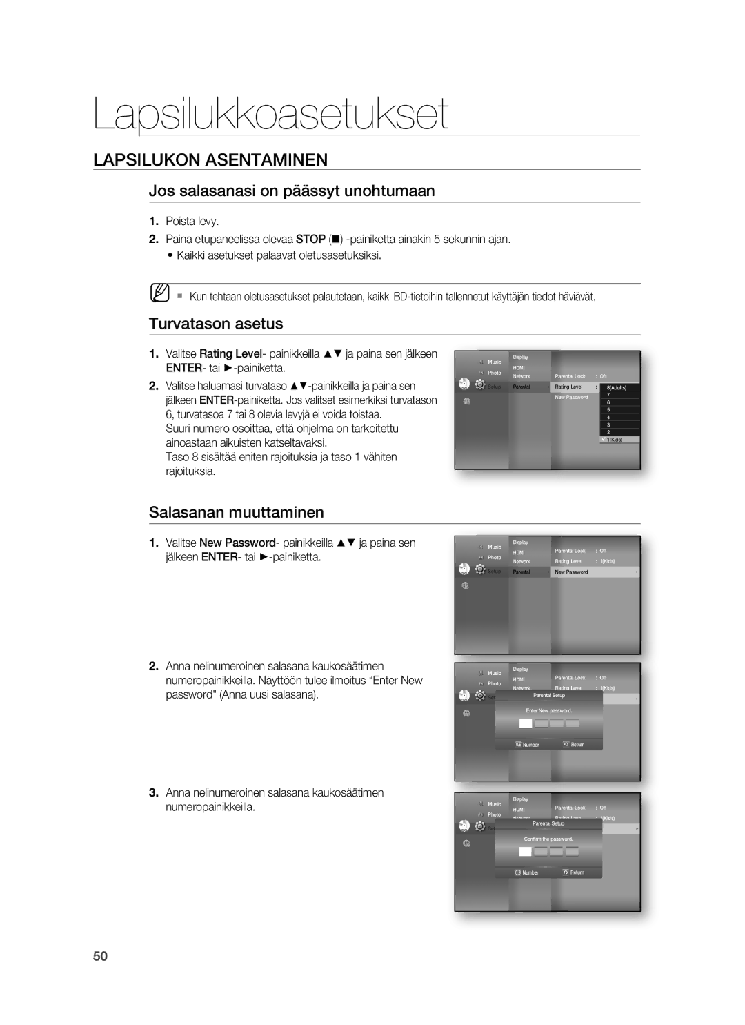 Samsung HT-BD7255R/XEE manual Lapsilukon Asentaminen, Jos salasanasi on päässyt unohtumaan, Turvatason asetus 