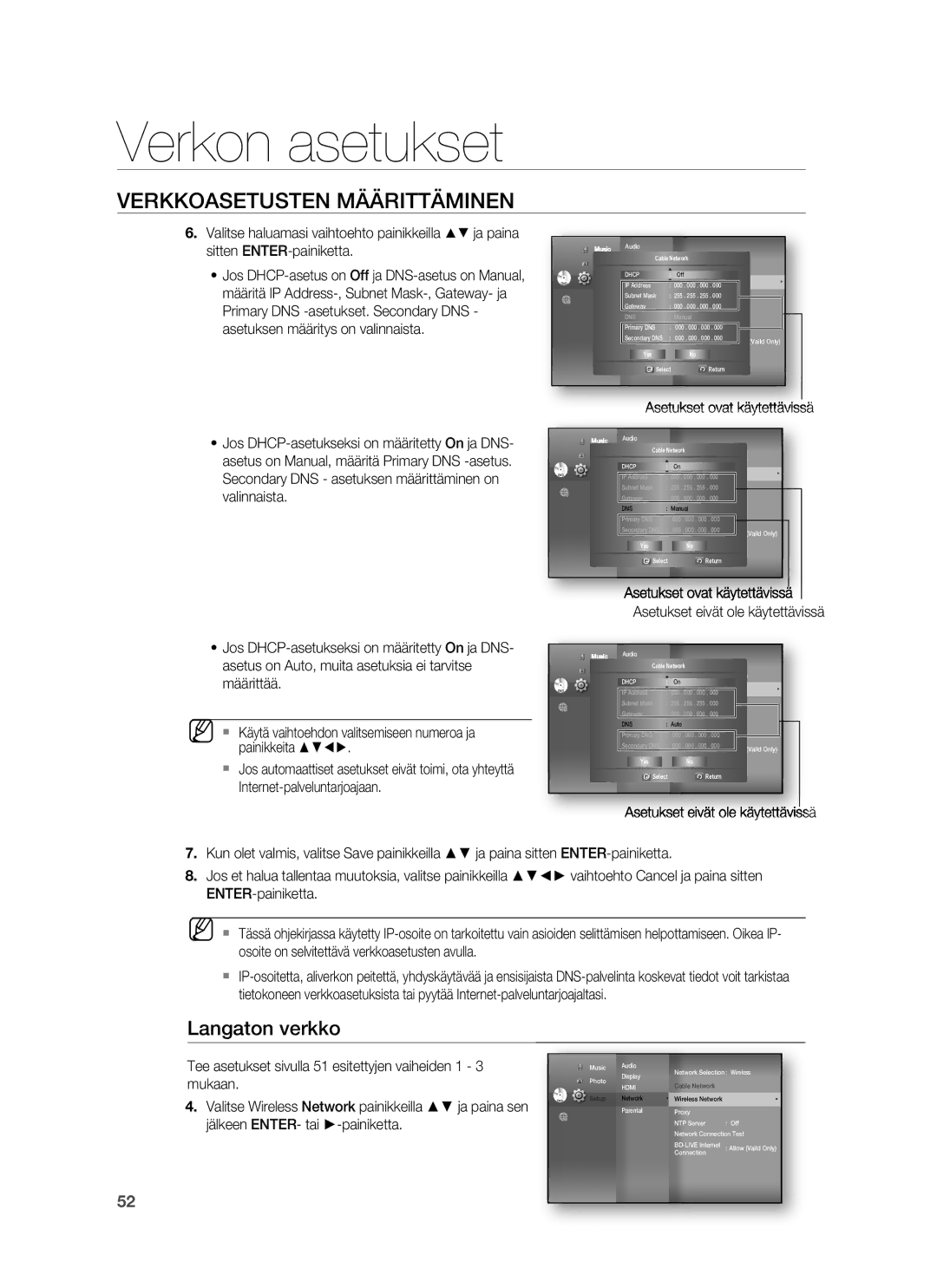 Samsung HT-BD7255R/XEE manual Langaton verkko, Asetukset ovat käytettävissä 