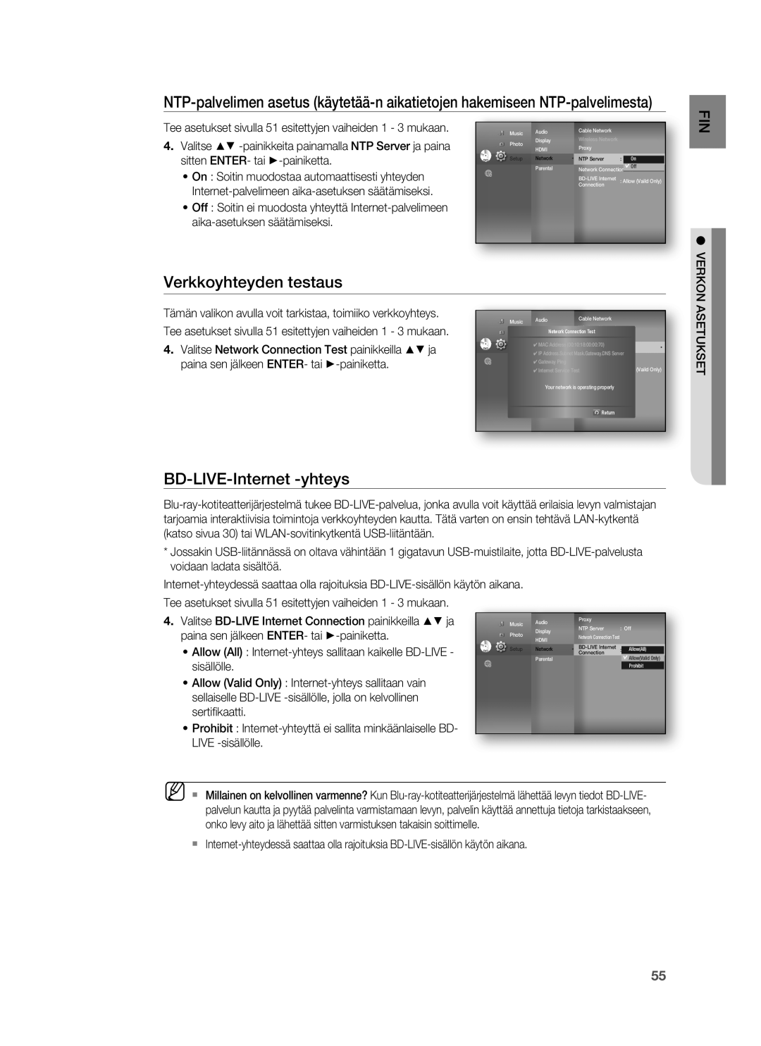 Samsung HT-BD7255R/XEE manual Verkkoyhteyden testaus, Tee asetukset sivulla 51 esitettyjen vaiheiden 1 3 mukaan 