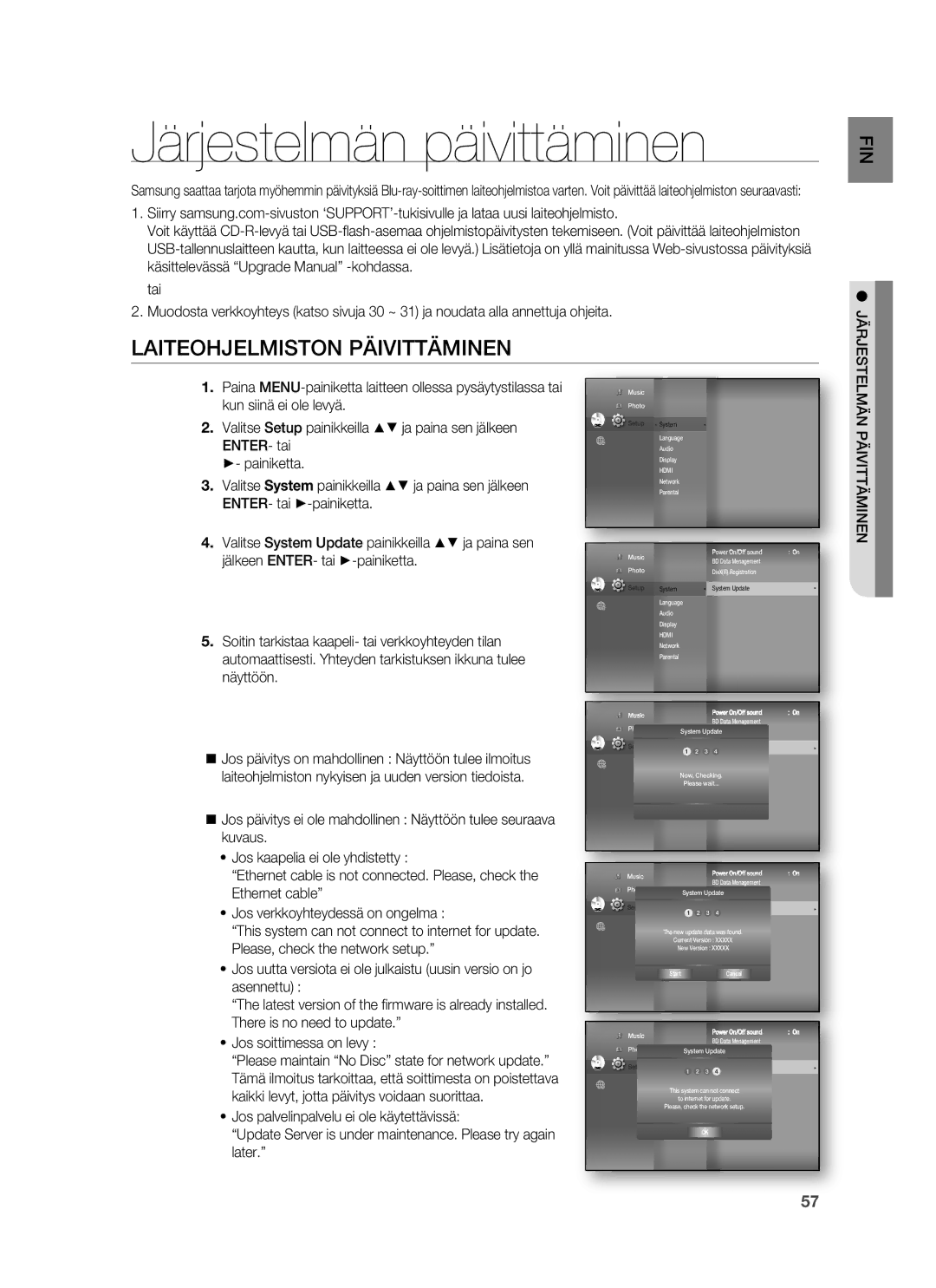 Samsung HT-BD7255R/XEE Järjestelmän päivittäminen, Laiteohjelmiston Päivittäminen, ENTER- tai, Järjestelmän Päivittäminen 