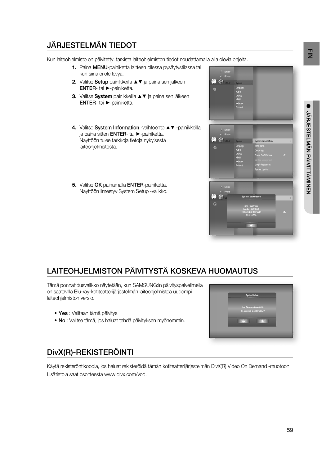 Samsung HT-BD7255R/XEE manual Järjestelmän Tiedot, Laiteohjelmiston Päivitystä Koskeva Huomautus, Kun siinä ei ole levyä 