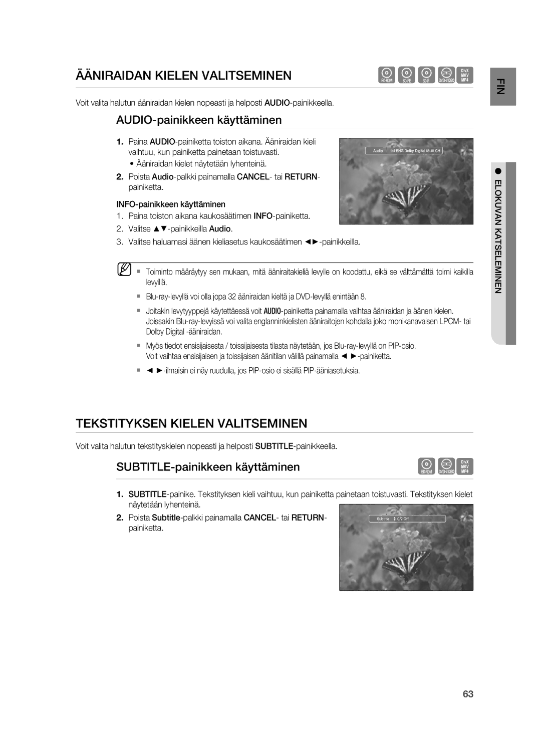 Samsung HT-BD7255R/XEE Ääniraidan Kielen Valitseminen, Tekstityksen Kielen Valitseminen, AUDIO-painikkeen käyttäminen 