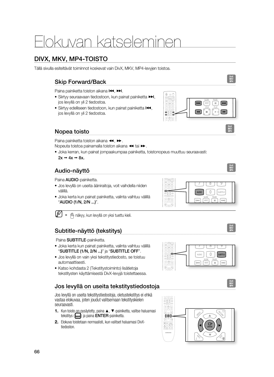 Samsung HT-BD7255R/XEE manual DIVX, MKV, MP4-TOISTO 