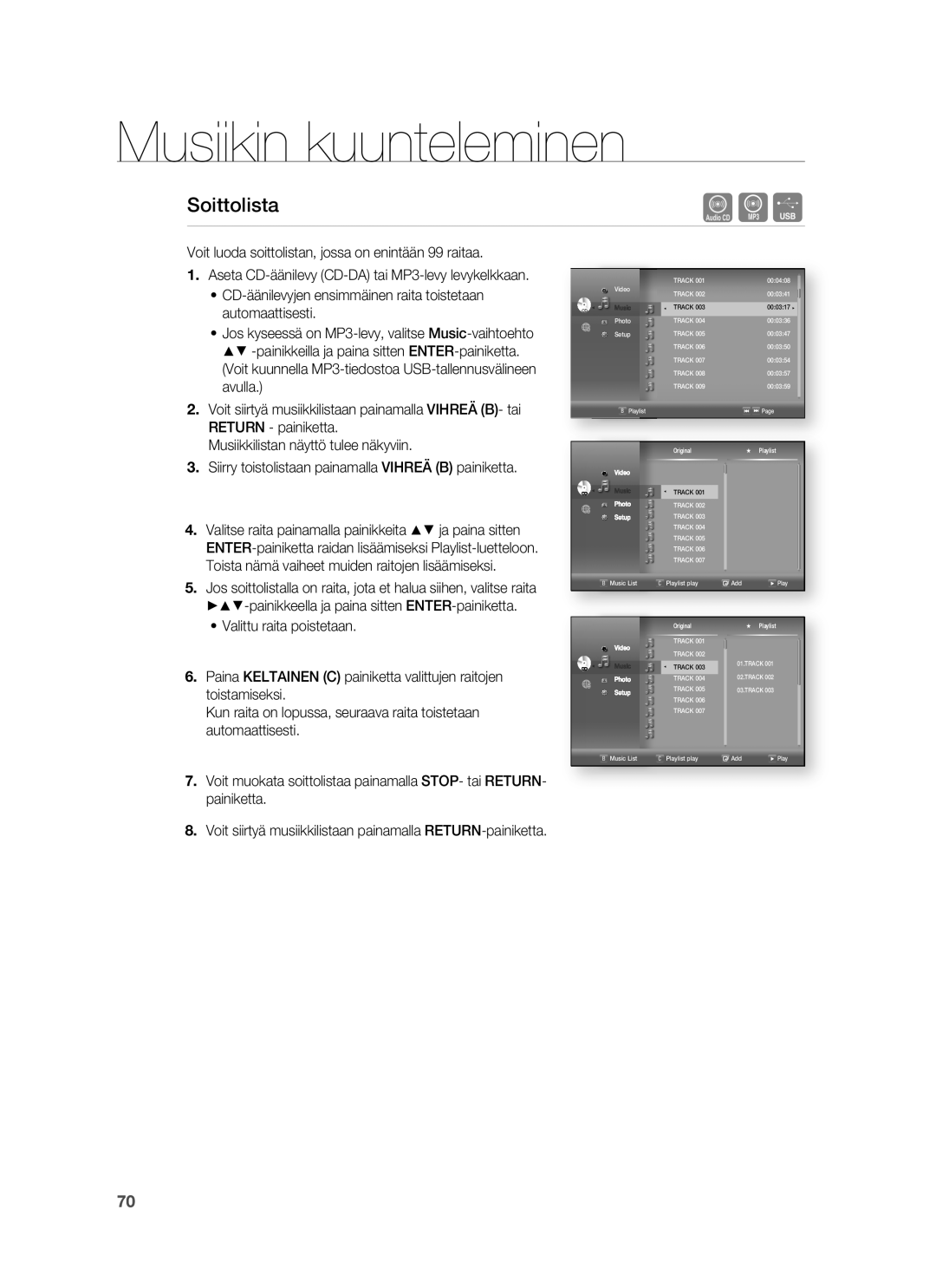 Samsung HT-BD7255R/XEE manual Soittolista, Voit siirtyä musiikkilistaan painamalla RETURN-painiketta 