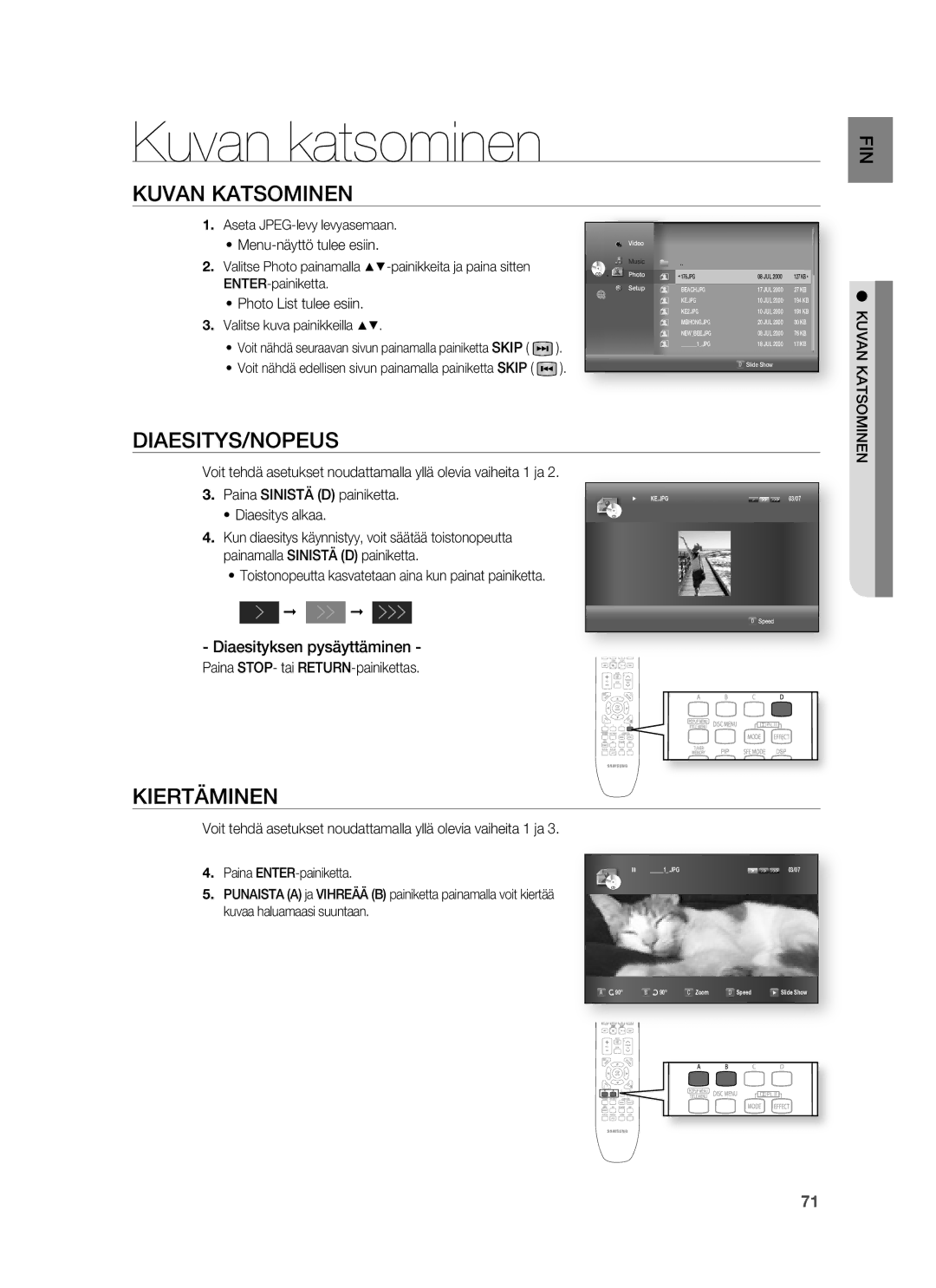 Samsung HT-BD7255R/XEE manual Kuvan katsominen, Kuvan Katsominen, Diaesitys/Nopeus, Kiertäminen, Diaesityksen pysäyttäminen 