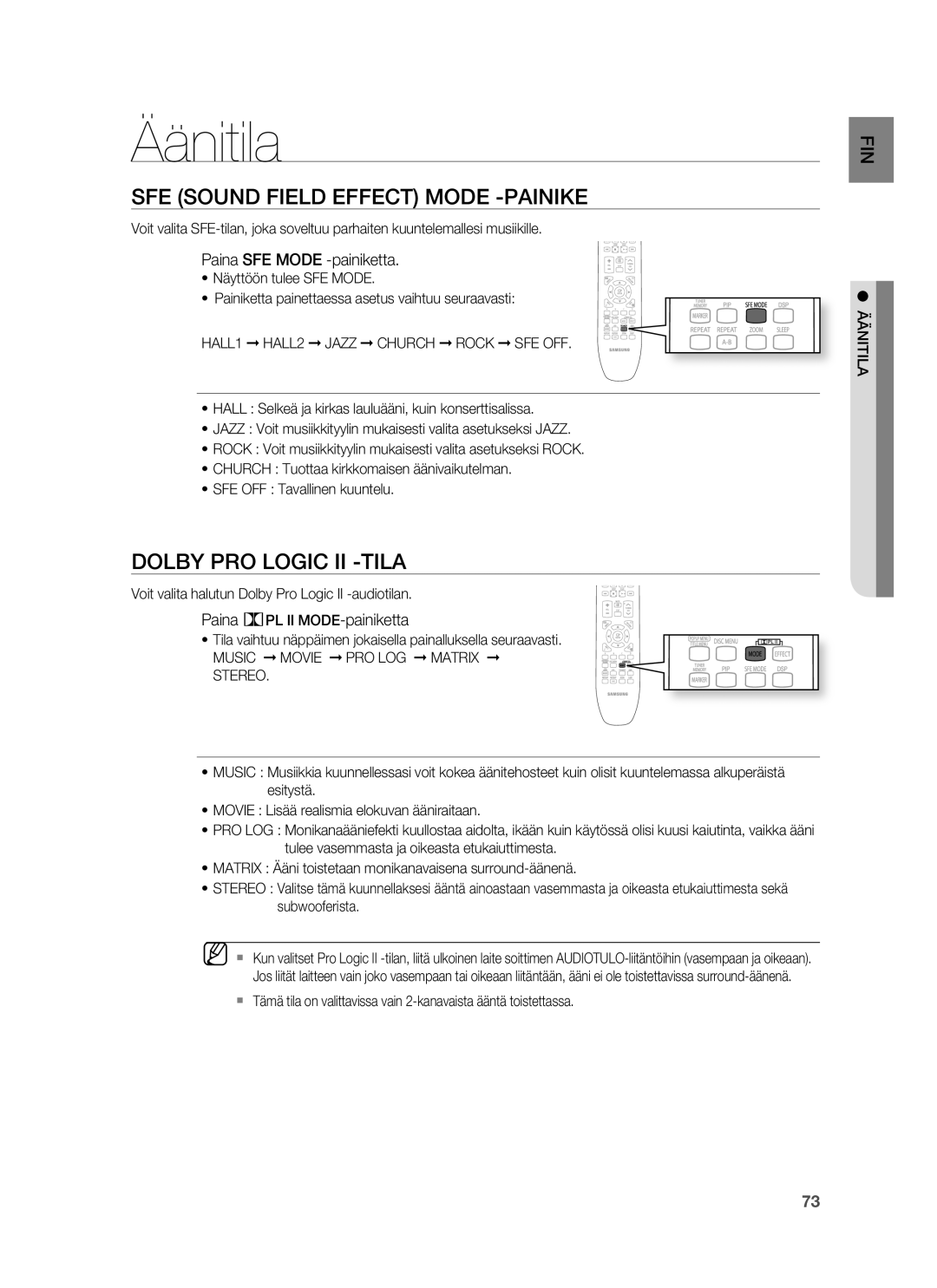 Samsung HT-BD7255R/XEE manual Äänitila, SFE Sound Field Effect Mode -PAINIKE, Dolby PRO Logic II -TILA 