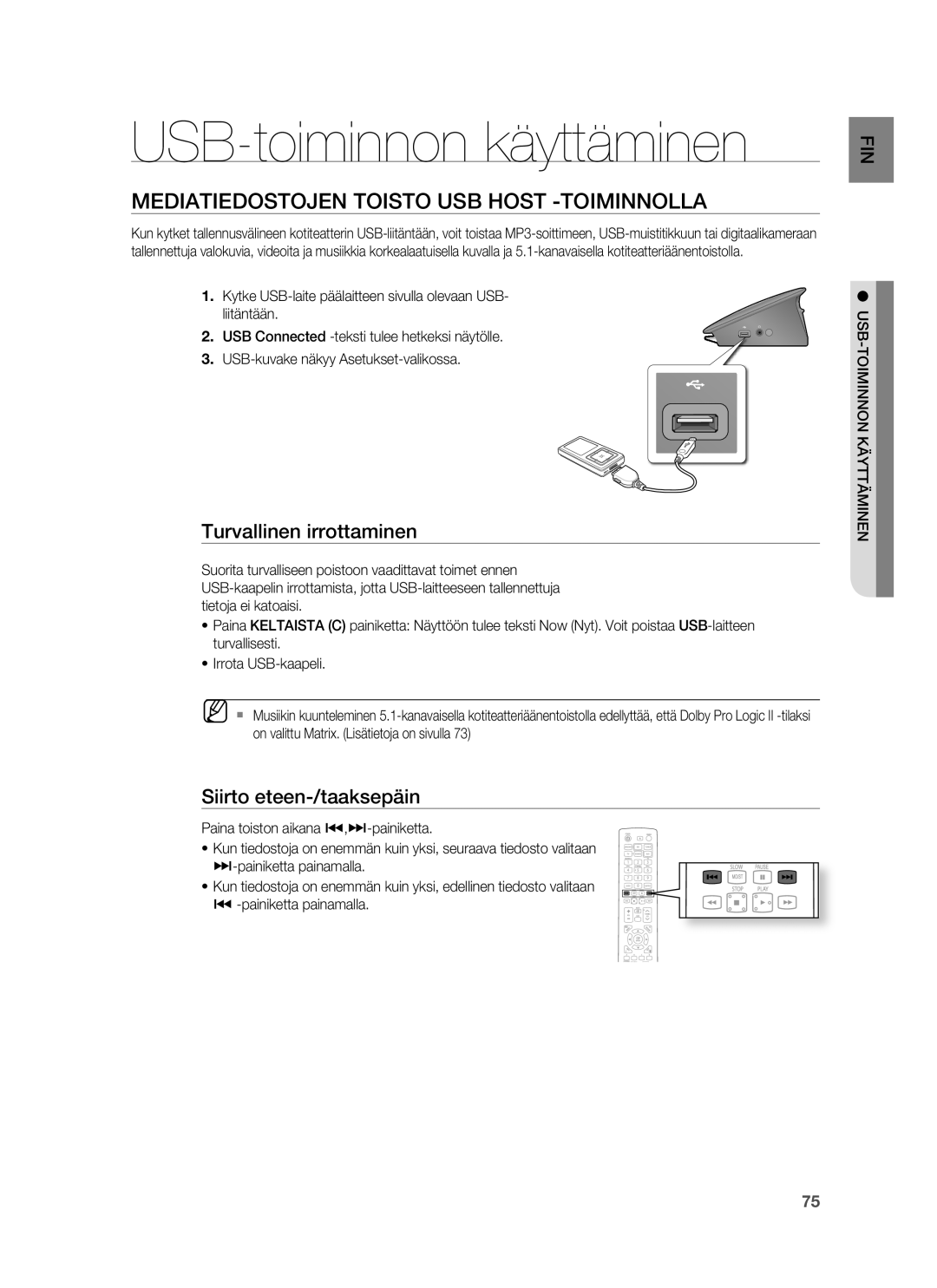 Samsung HT-BD7255R/XEE USB-toiminnon käyttäminen, Mediatiedostojen Toisto USB Host -TOIMINNOLLA, Turvallinen irrottaminen 