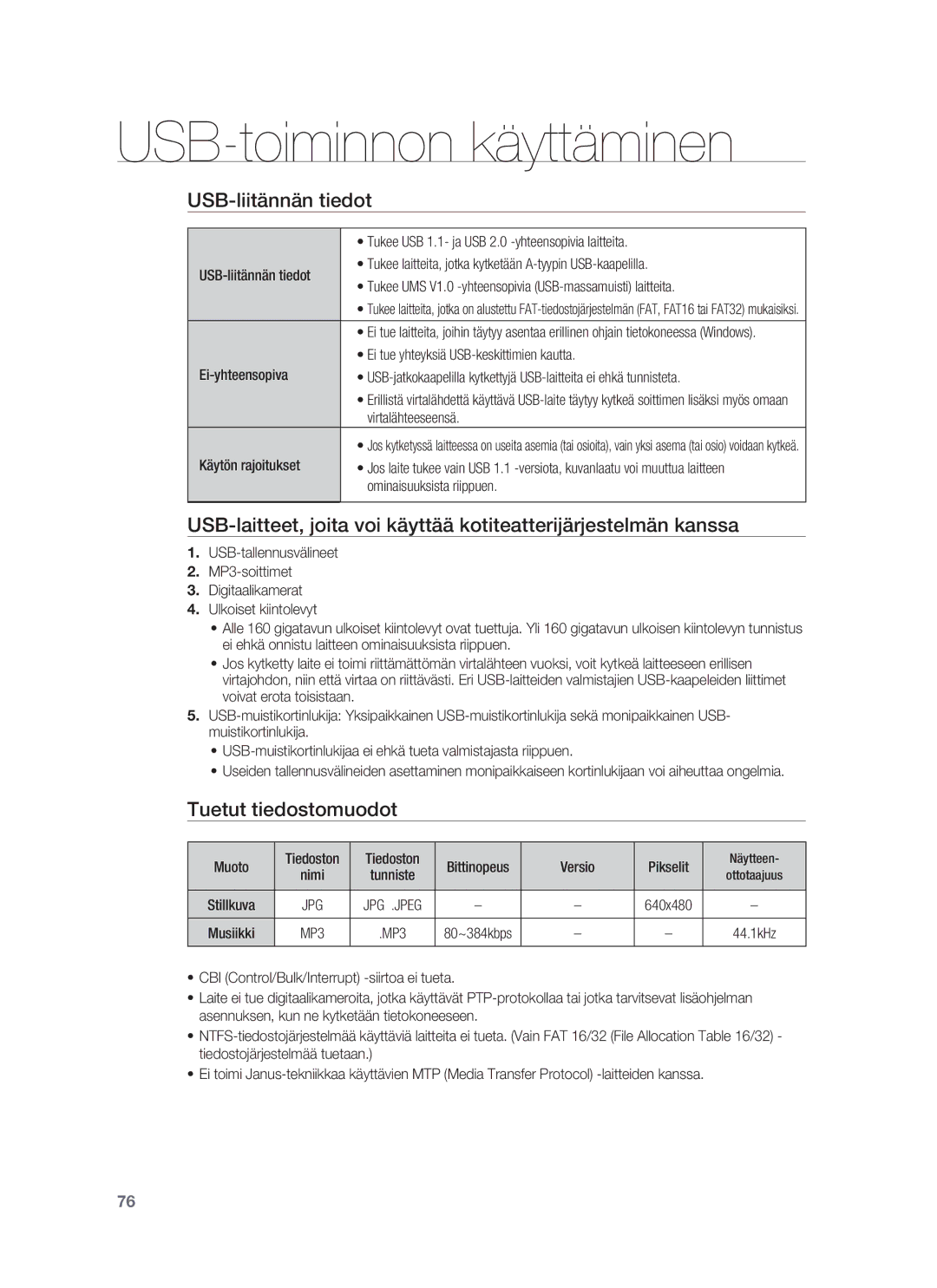 Samsung HT-BD7255R/XEE manual USB-liitännän tiedot, Tuetut tiedostomuodot 