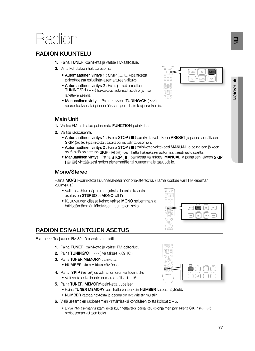 Samsung HT-BD7255R/XEE manual Radion Kuuntelu, Radion Esivalintojen Asetus, Main Unit, Mono/Stereo 