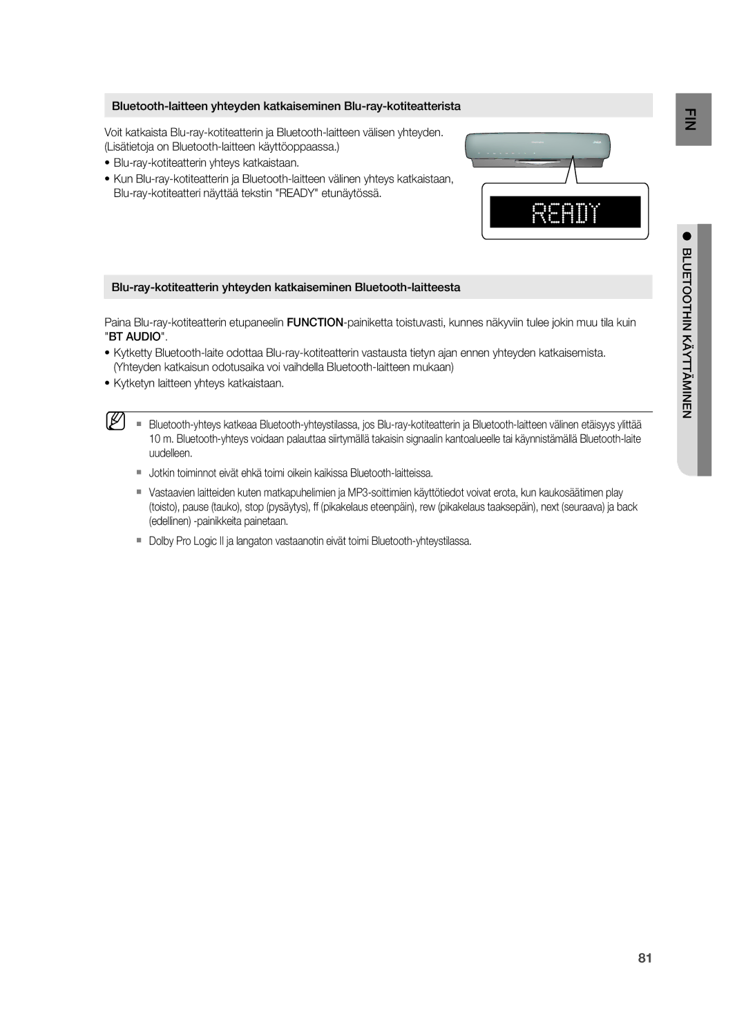 Samsung HT-BD7255R/XEE manual Bluetoothin Käyttäminen 