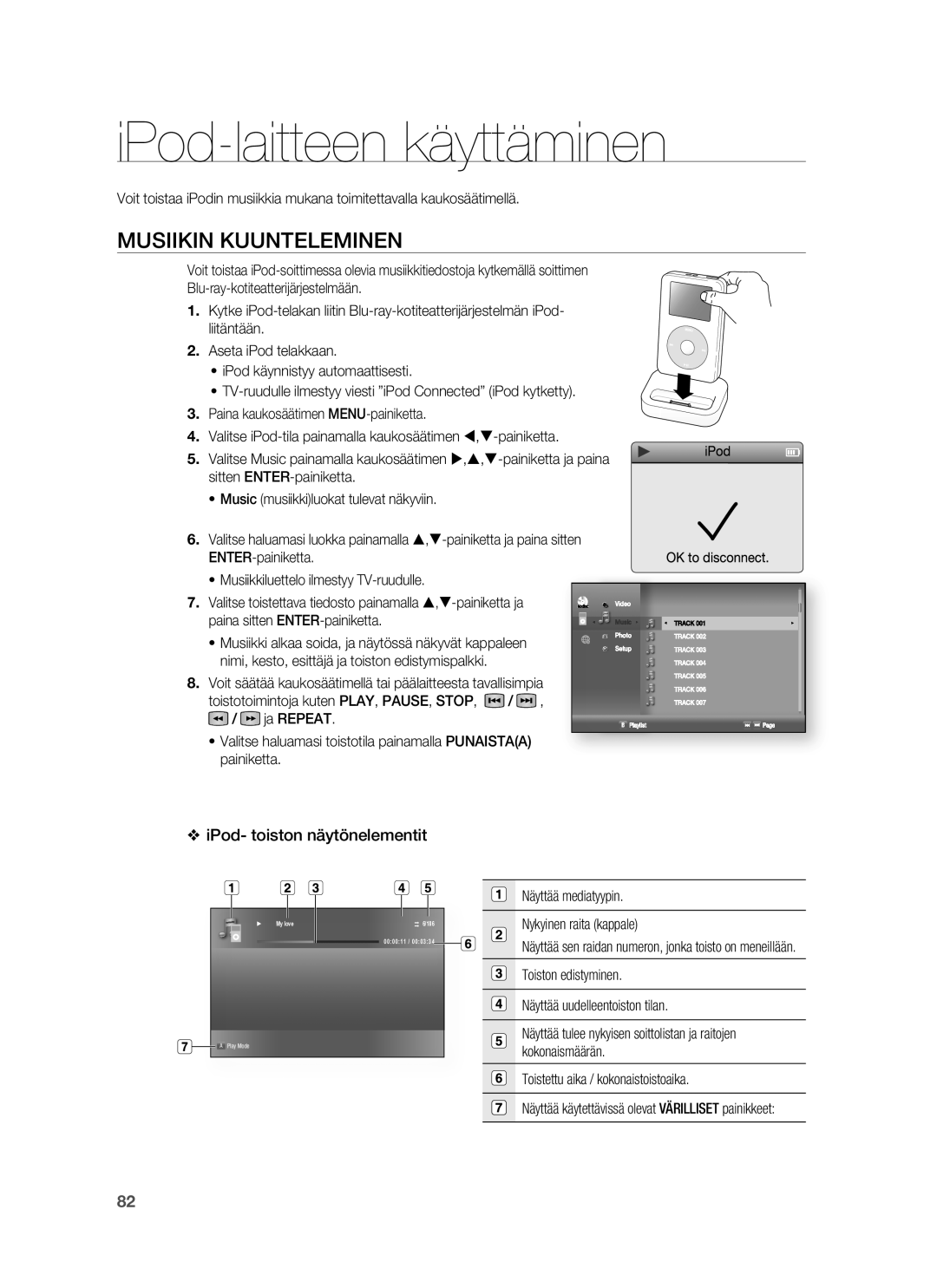 Samsung HT-BD7255R/XEE manual IPod-laitteen käyttäminen, Musiikin Kuunteleminen, IPod- toiston näytönelementit 