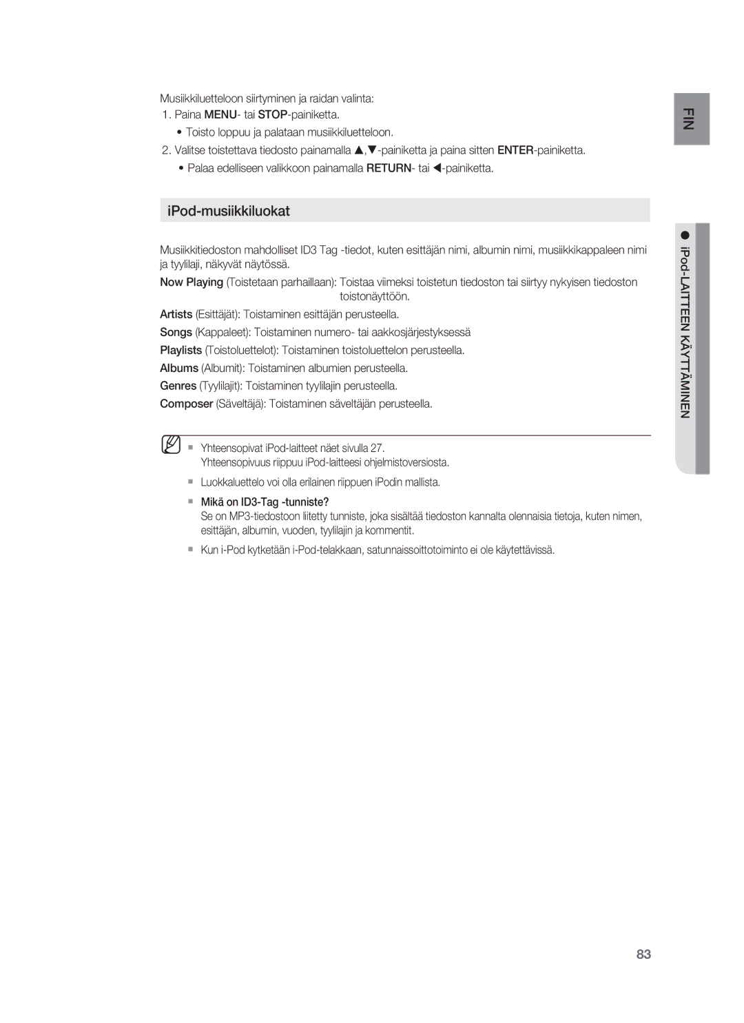 Samsung HT-BD7255R/XEE manual IPod-musiikkiluokat 