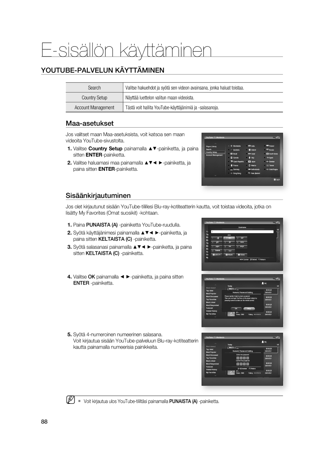 Samsung HT-BD7255R/XEE manual Maa-asetukset, Sisäänkirjautuminen 