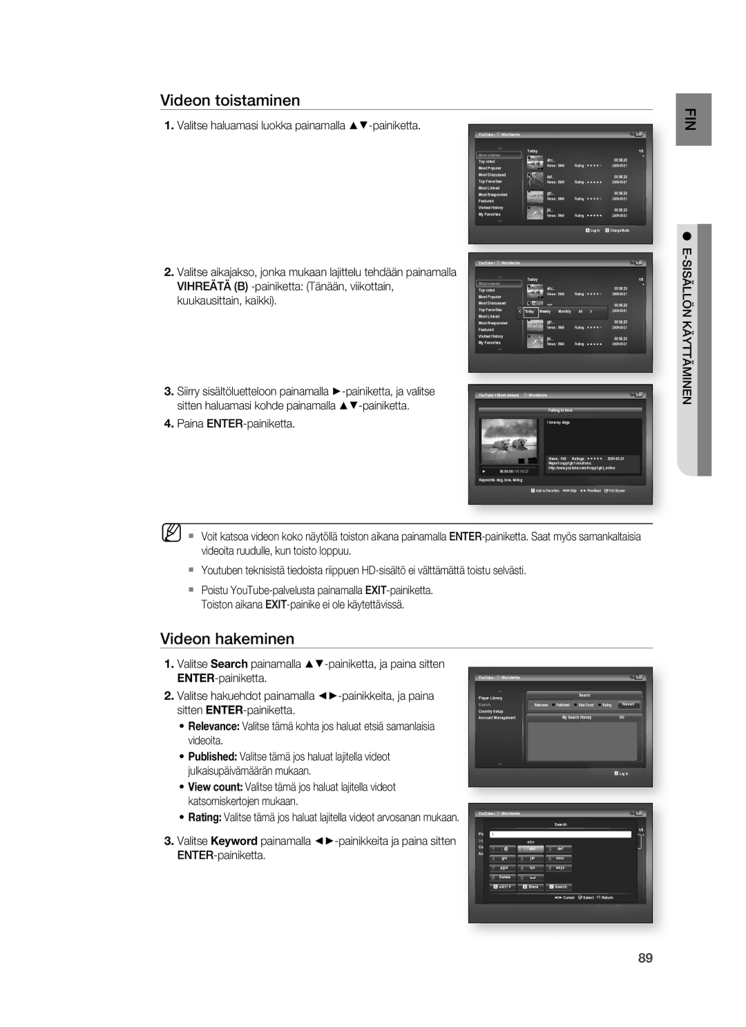 Samsung HT-BD7255R/XEE manual Videon toistaminen, Videon hakeminen, Paina ENTER-painiketta 