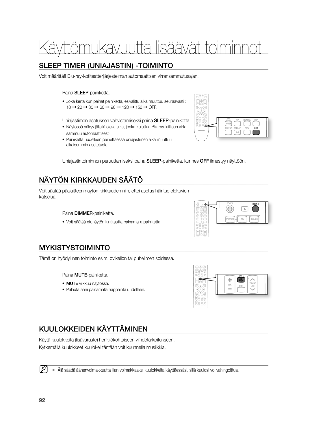 Samsung HT-BD7255R/XEE manual Sleep Timer Uniajastin -TOIMINTO, Näytön Kirkkauden Säätö, Mykistystoiminto 