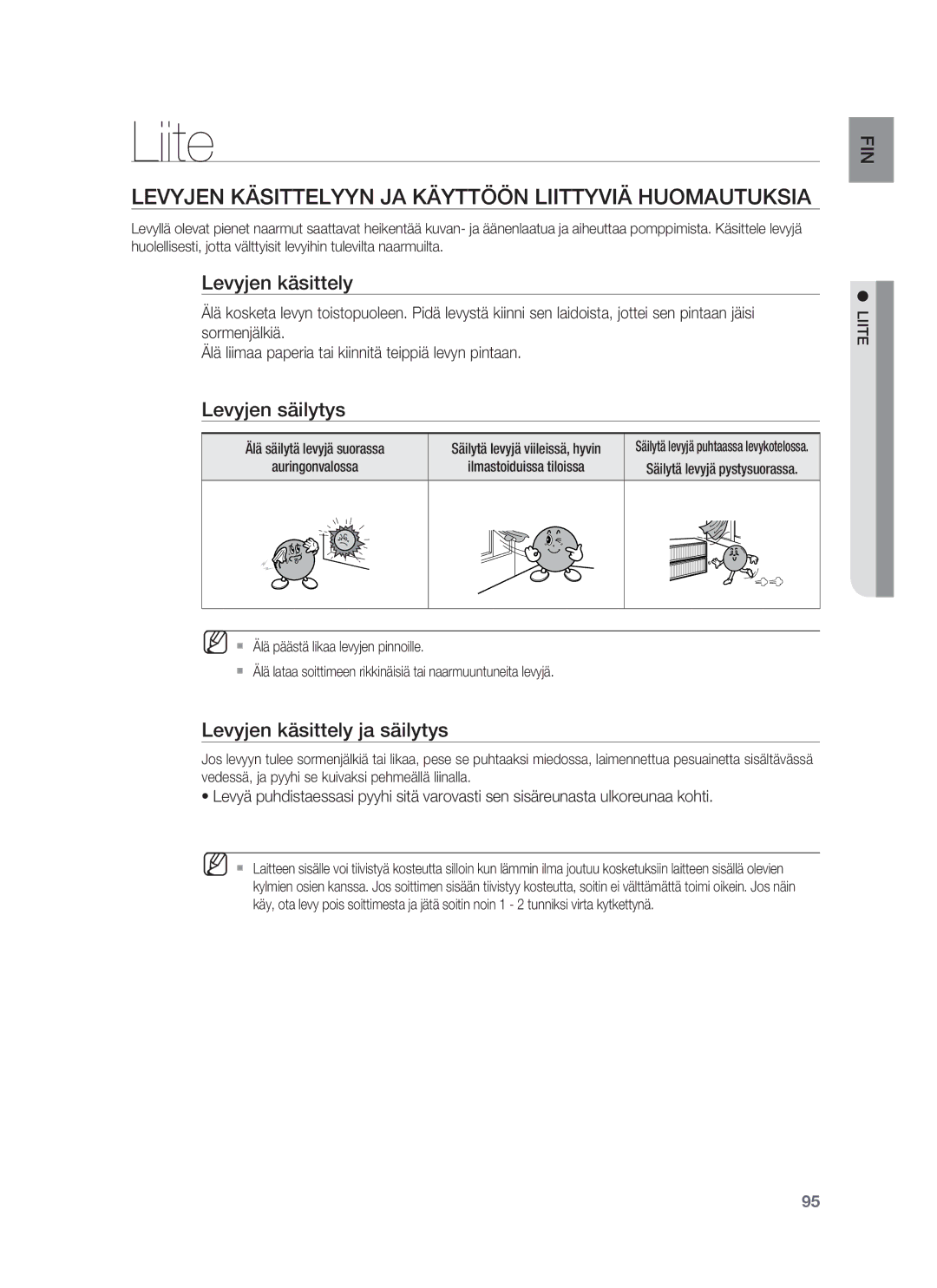 Samsung HT-BD7255R/XEE Liite, Levyjen Käsittelyyn JA Käyttöön Liittyviä Huomautuksia, Levyjen käsittely, Levyjen säilytys 