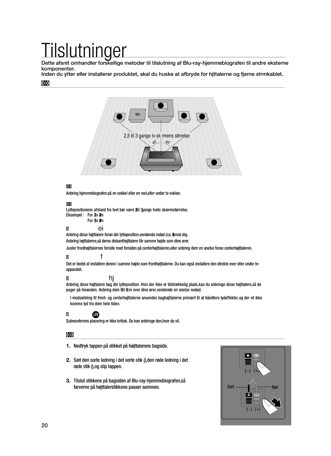 Samsung HT-BD7255R/XEE manual Tilslutninger, Tilslutning AF Højttalere, Tilslutning af højttalerne 