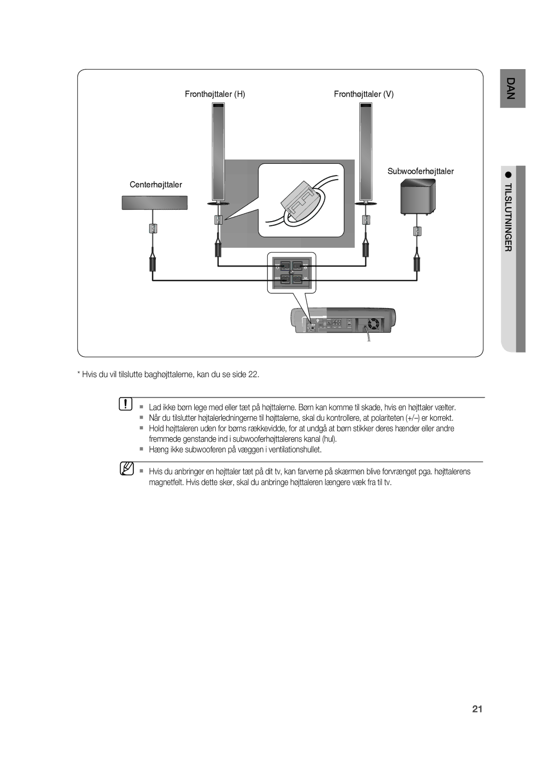 Samsung HT-BD7255R/XEE manual  Hæng ikke subwooferen på væggen i ventilationshullet, Tilslutninger 