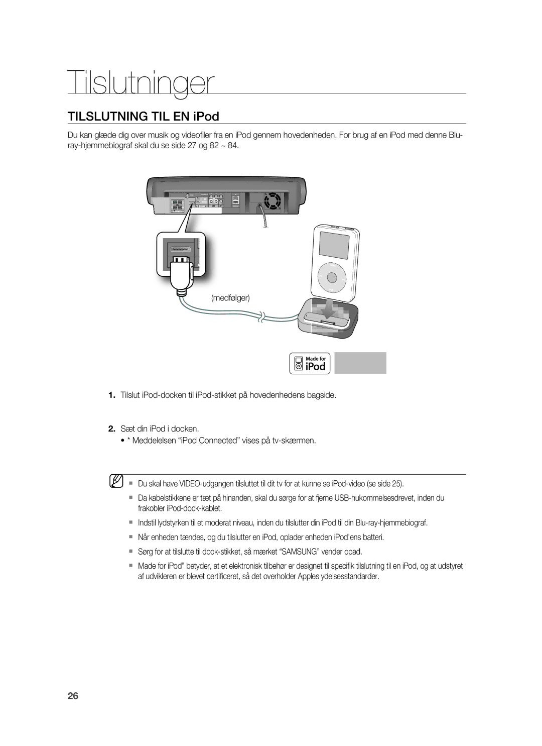 Samsung HT-BD7255R/XEE manual Tilslutning TIL EN iPod 