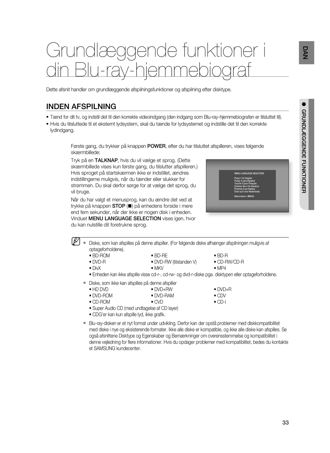 Samsung HT-BD7255R/XEE manual Inden Afspilning 