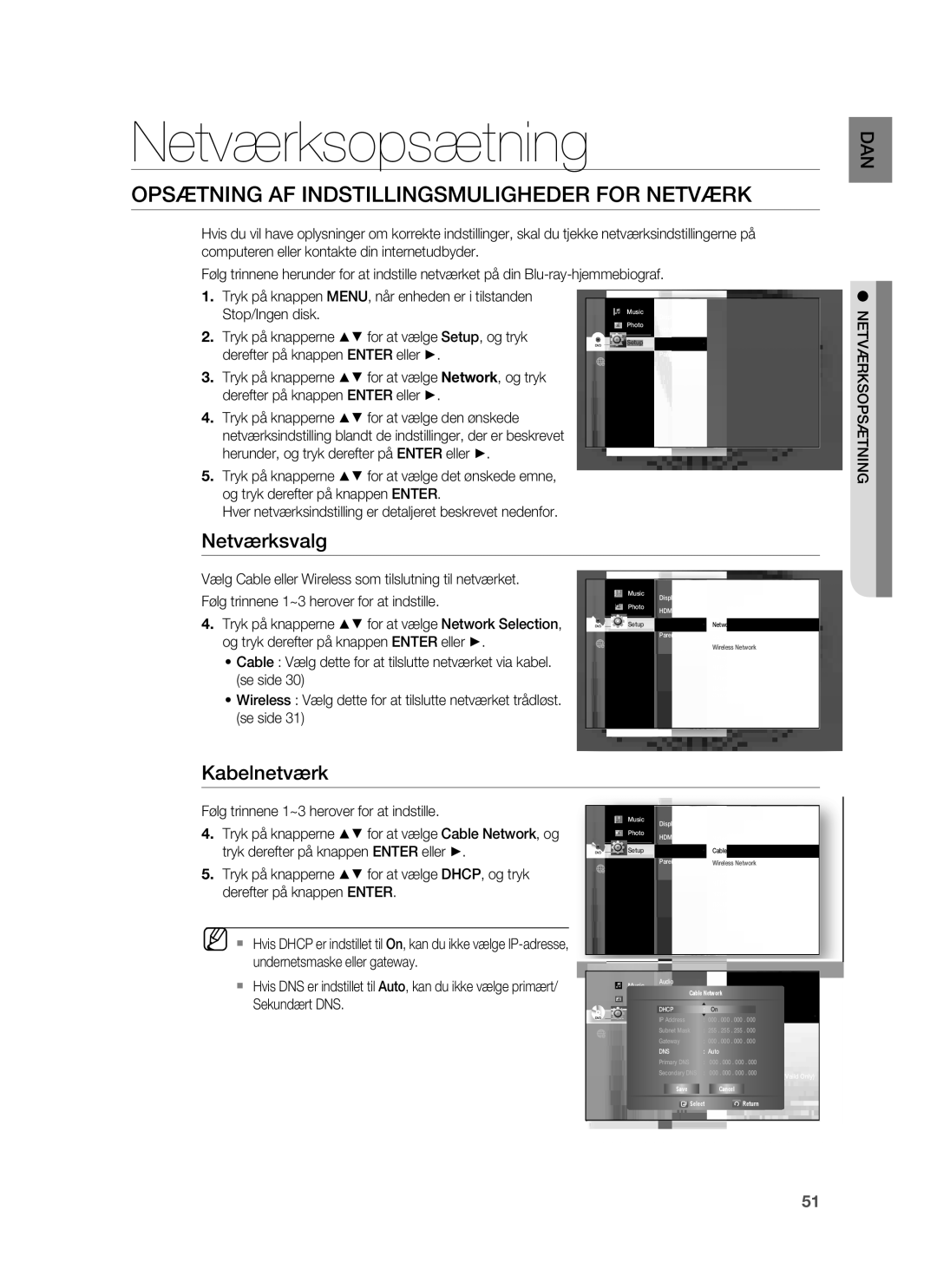 Samsung HT-BD7255R/XEE Netværksopsætning, Opsætning AF Indstillingsmuligheder for Netværk, Netværksvalg, Kabelnetværk 