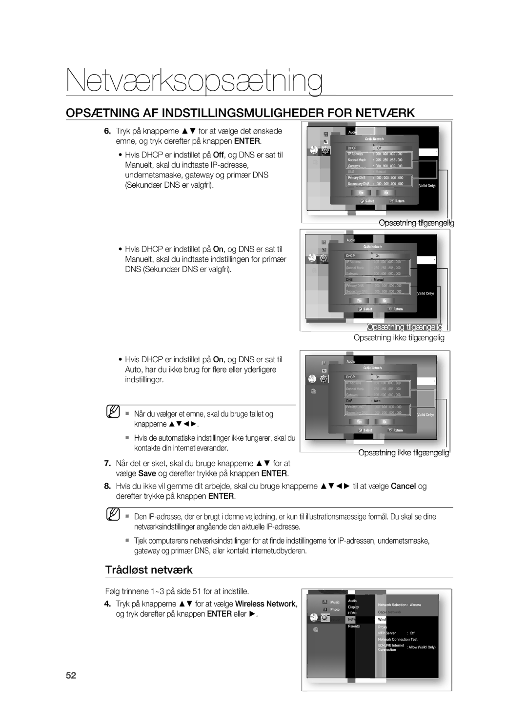 Samsung HT-BD7255R/XEE manual Trådløst netværk, Følg trinnene 1~3 på side 51 for at indstille 