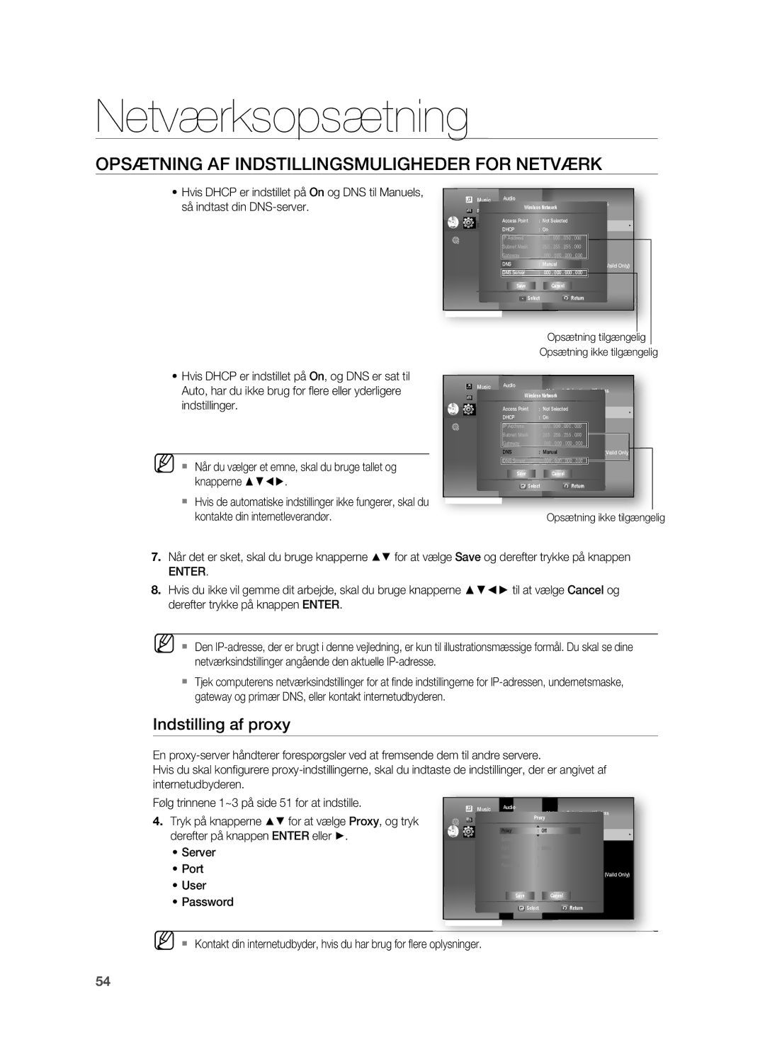 Samsung HT-BD7255R/XEE manual Indstilling af proxy, Enter 