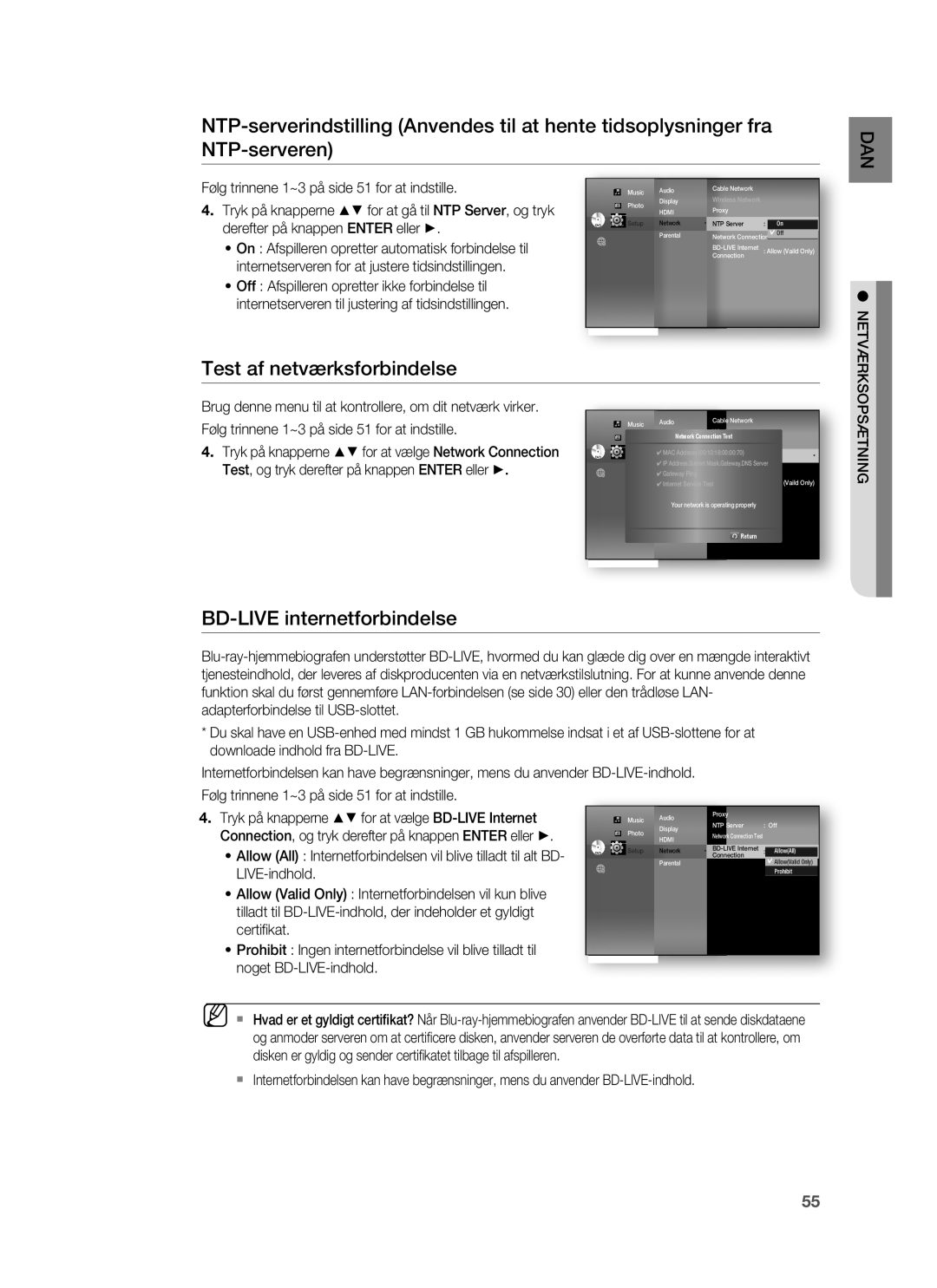 Samsung HT-BD7255R/XEE manual BD-LIVE internetforbindelse, Tryk på knapperne for at gå til NTP Server, og tryk 