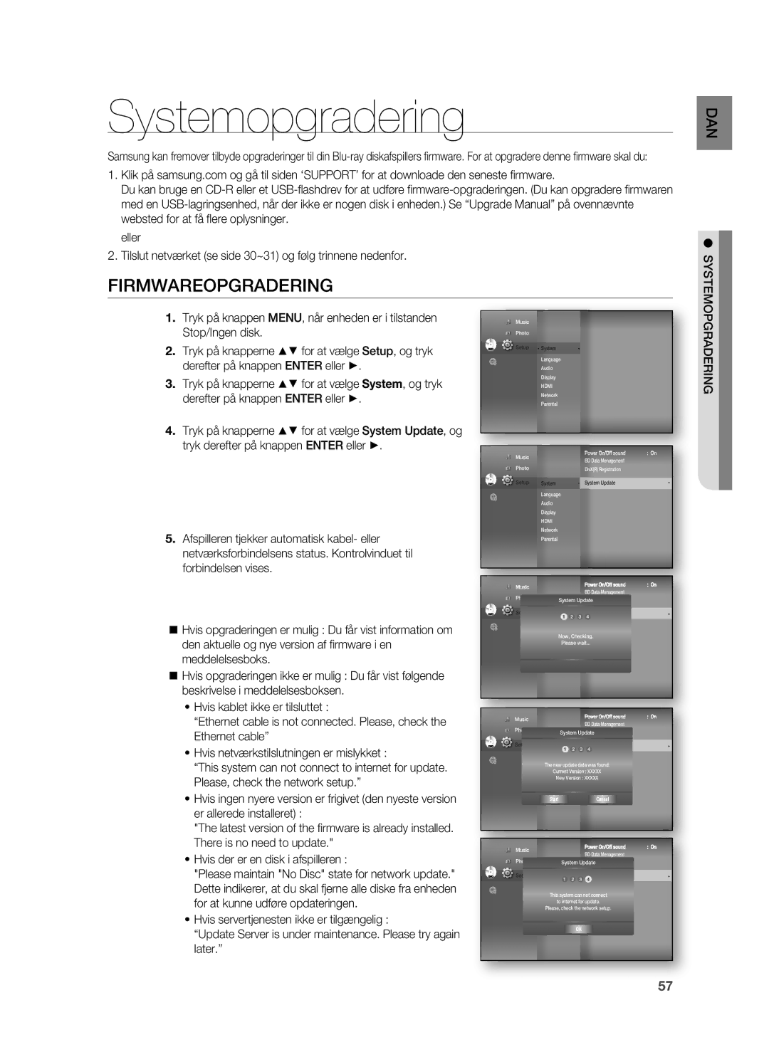 Samsung HT-BD7255R/XEE manual Systemopgradering, Firmwareopgradering 