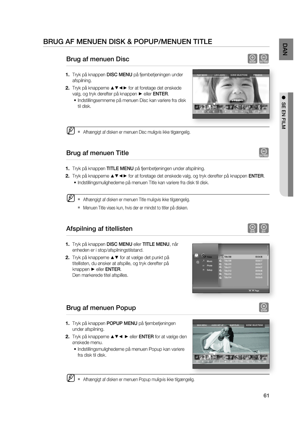 Samsung HT-BD7255R/XEE manual Brug AF Menuen Disk & POPUP/MENUEN Title, Brug af menuen Title, SE EN Film 