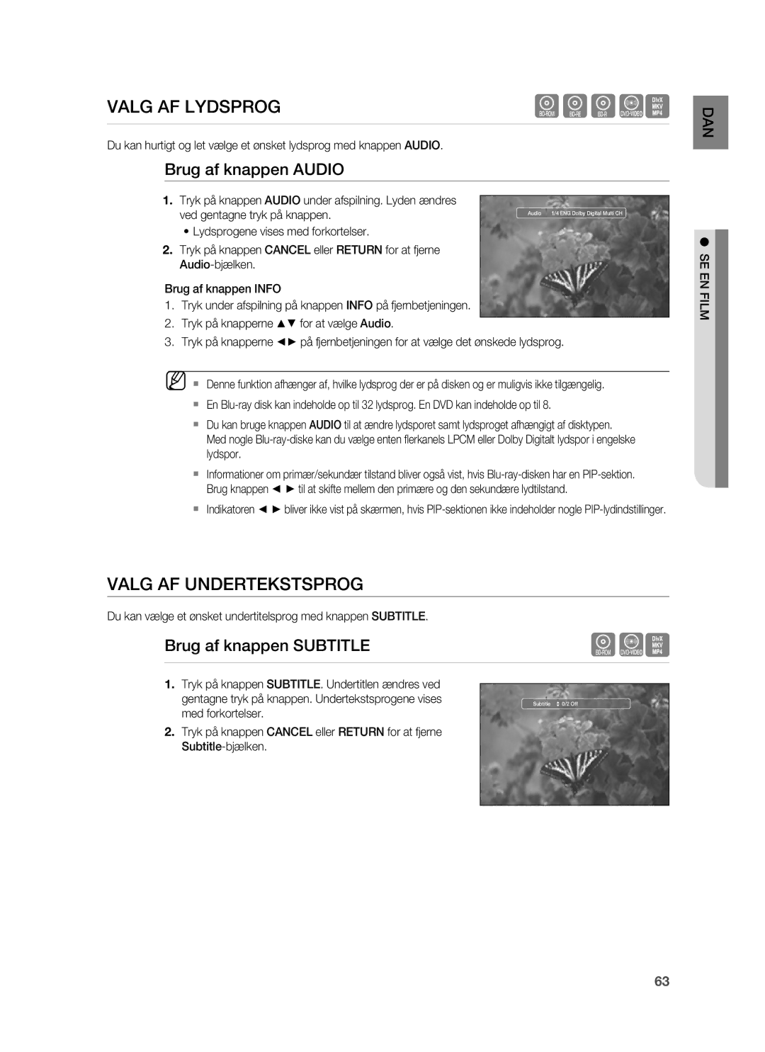 Samsung HT-BD7255R/XEE manual Valg AF Lydsprog, Valg AF Undertekstsprog, Brug af knappen Audio, Brug af knappen Subtitle 