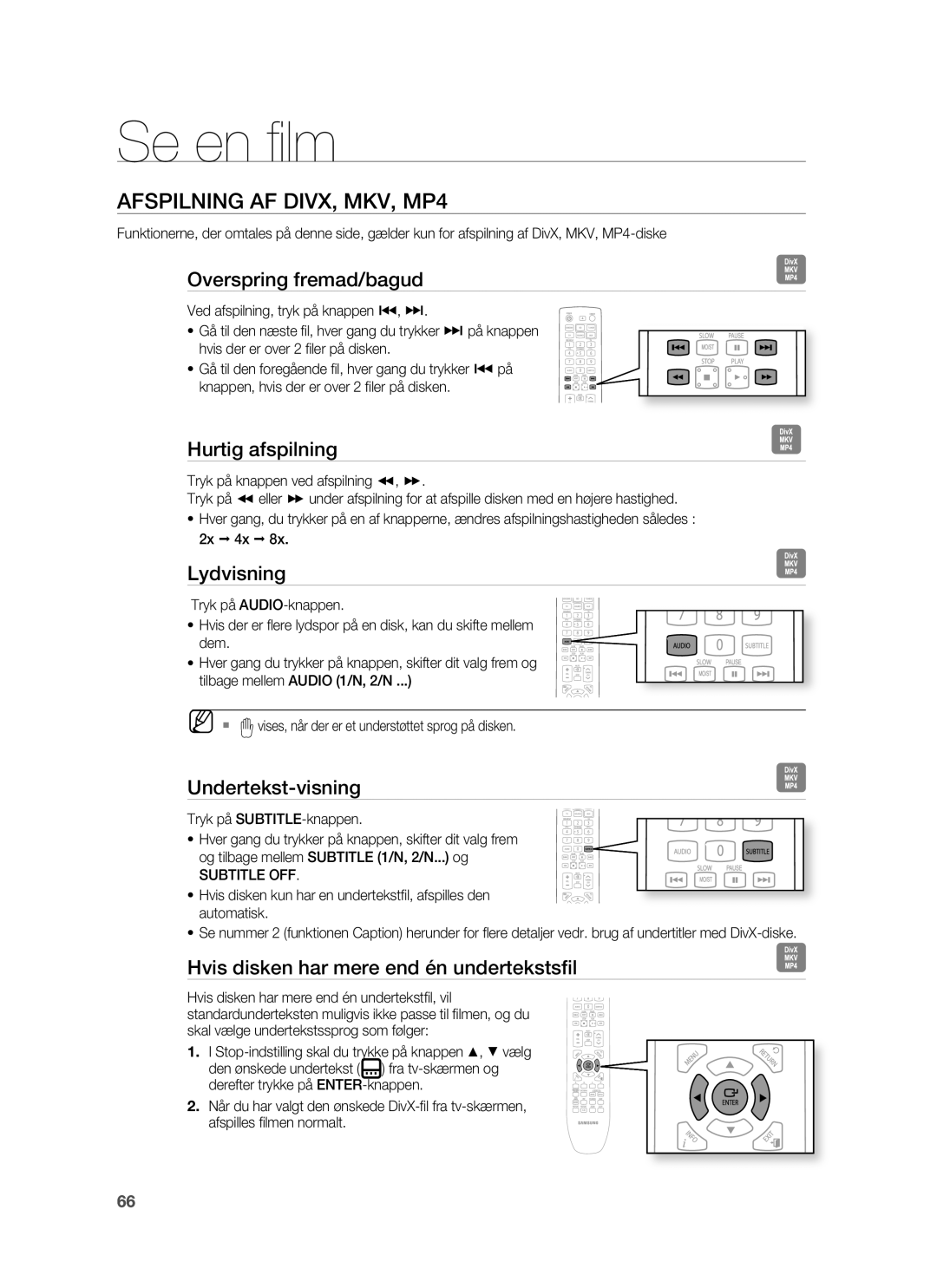 Samsung HT-BD7255R/XEE manual Afspilning AF DIVX, MKV, MP4 