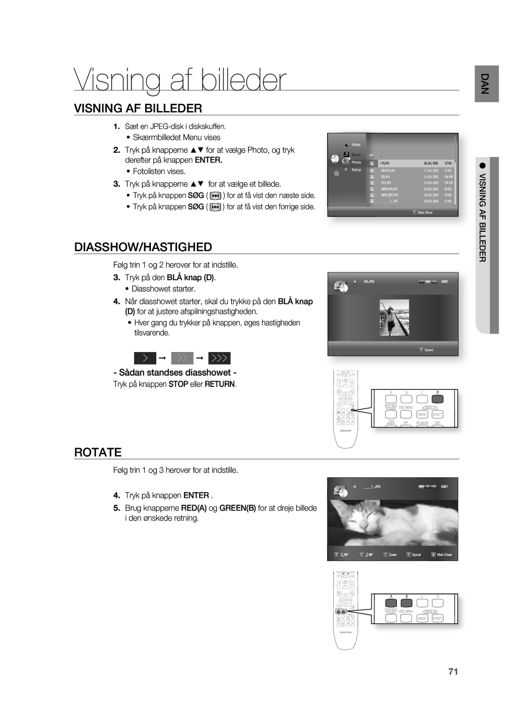 Samsung HT-BD7255R/XEE Visning af billeder, Visning AF Billeder, Diasshow/Hastighed, Rotate, Sådan standses diasshowet 