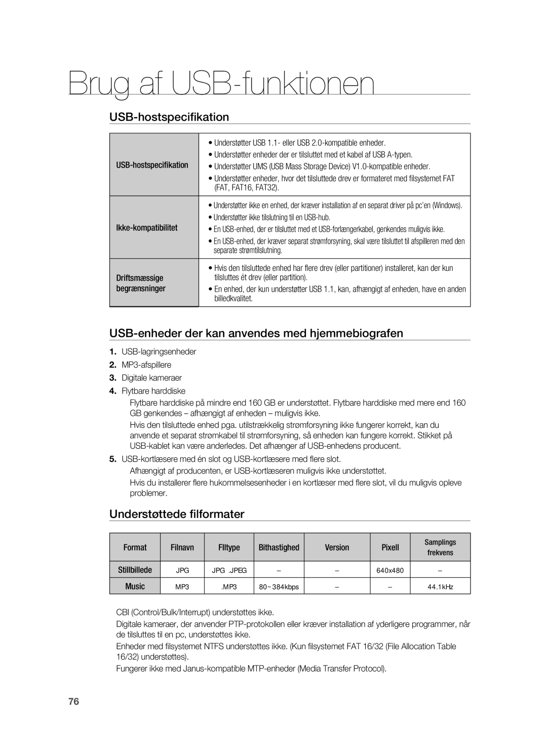 Samsung HT-BD7255R/XEE USB-hostspeciﬁkation, USB-enheder der kan anvendes med hjemmebiografen, Understøttede ﬁlformater 