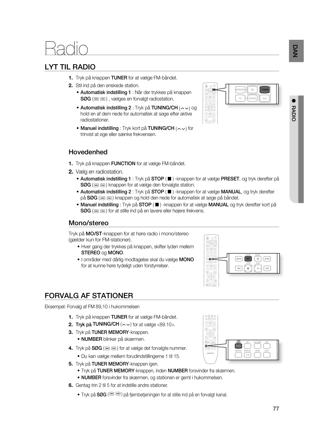 Samsung HT-BD7255R/XEE manual LYT TIL Radio, Forvalg AF Stationer, Hovedenhed, Mono/stereo 