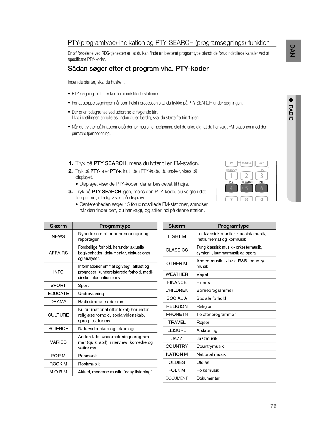 Samsung HT-BD7255R/XEE Sådan søger efter et program vha. PTY-koder, Tryk på PTY SEARCH, mens du lytter til en FM-station 