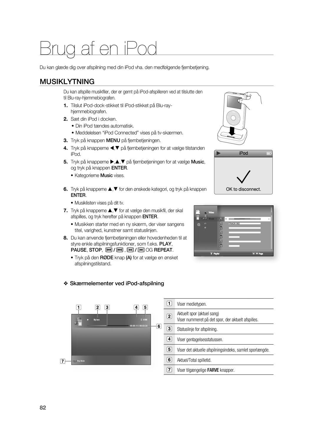 Samsung HT-BD7255R/XEE manual Brug af en iPod, Musiklytning, Skærmelementer ved iPod-afspilning 